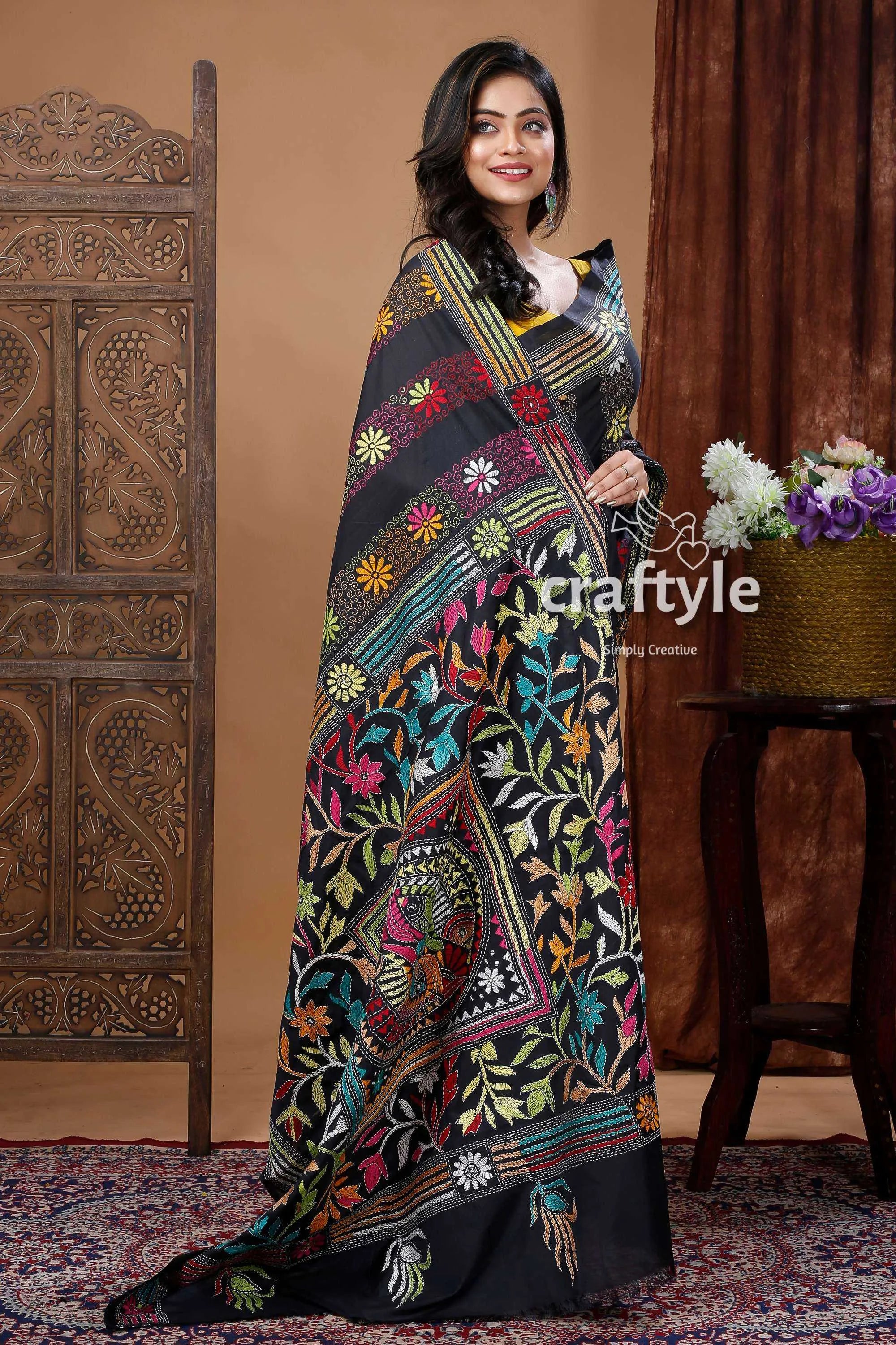 Hand-embroidered kantha stitch saree - multi-thread soft silk black embroidered shawl 5