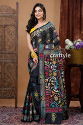 Hand embroidered kantha stitch saree multi thread soft silk black saree colorful floral embroidery 1