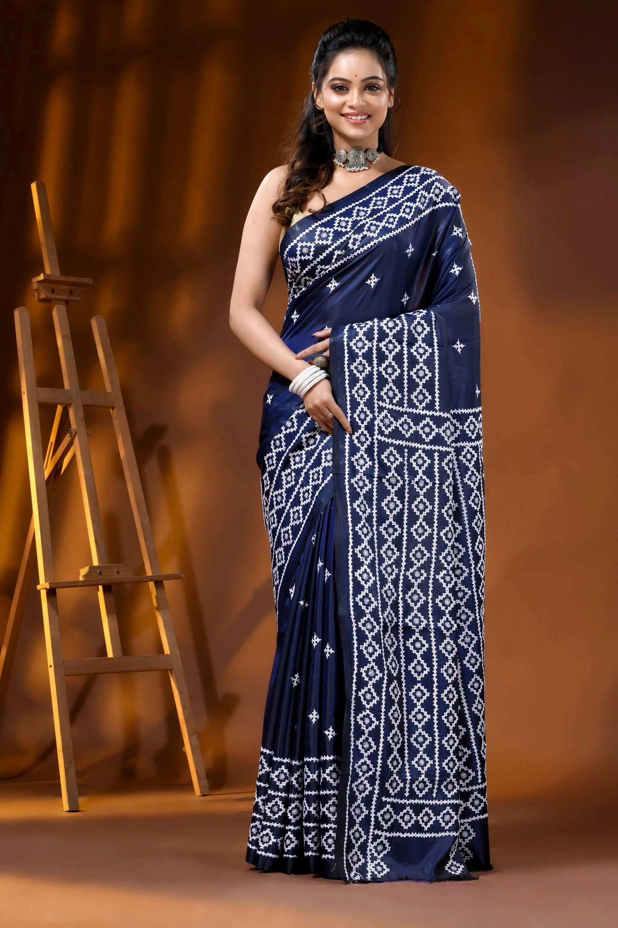 Hand embroidered navy blue silk kutch work saree - geometric design 1