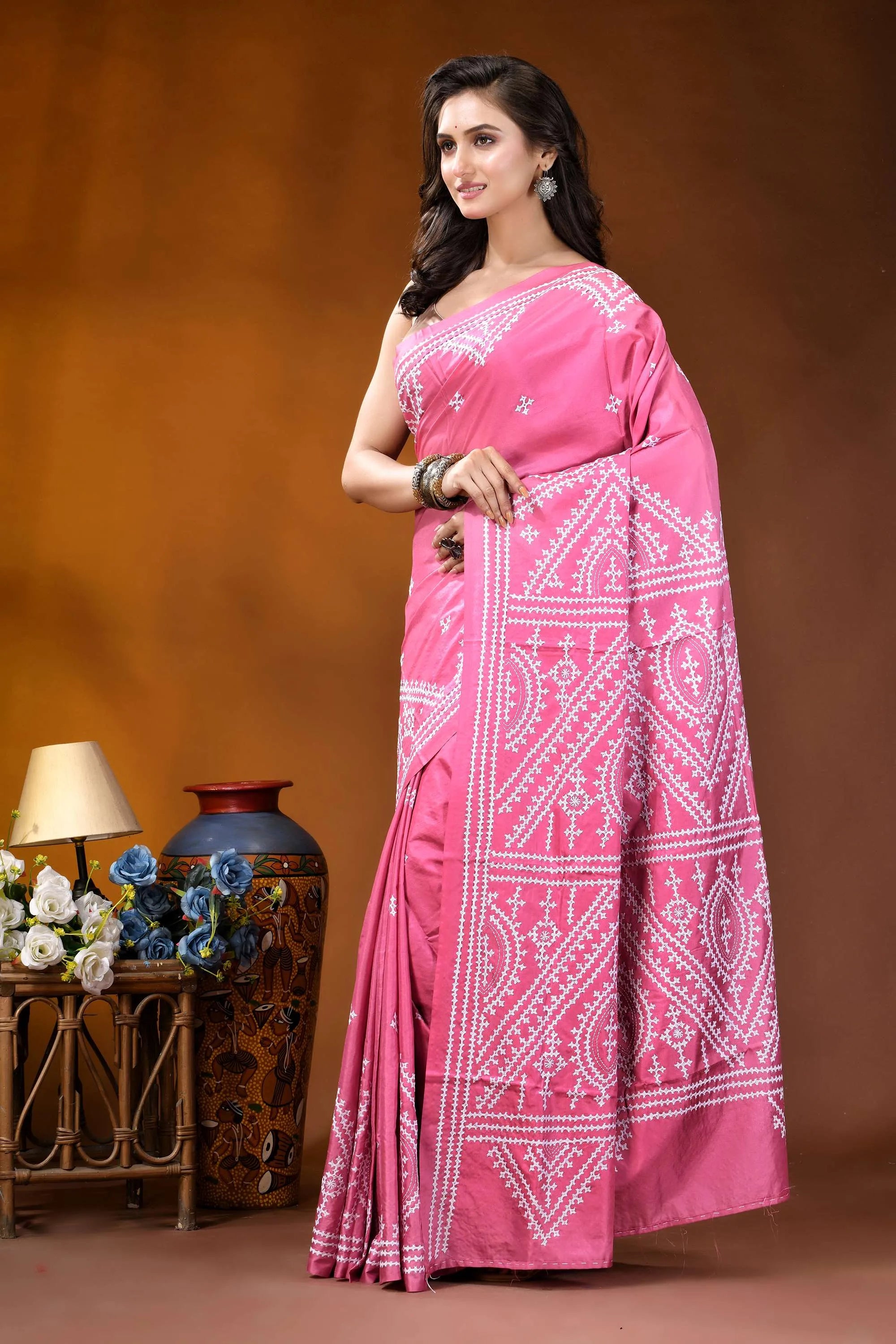 Hand embroidered pink silk kutch work saree - geometric design vibrant pink saree adorned intricate 3