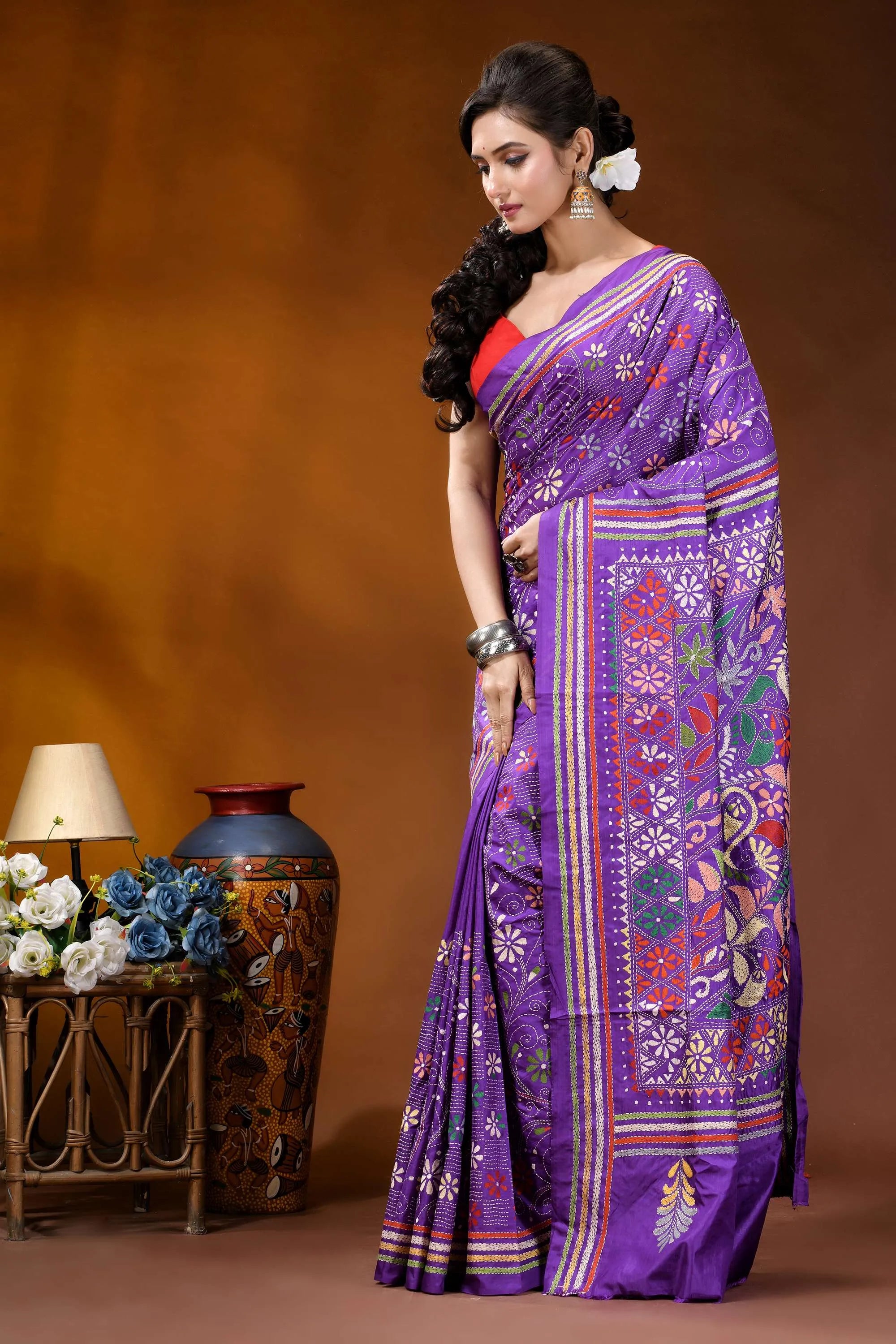 Hand embroidered purple floral design kantha stitch silk saree vibrant purple saree adorned intricate 3