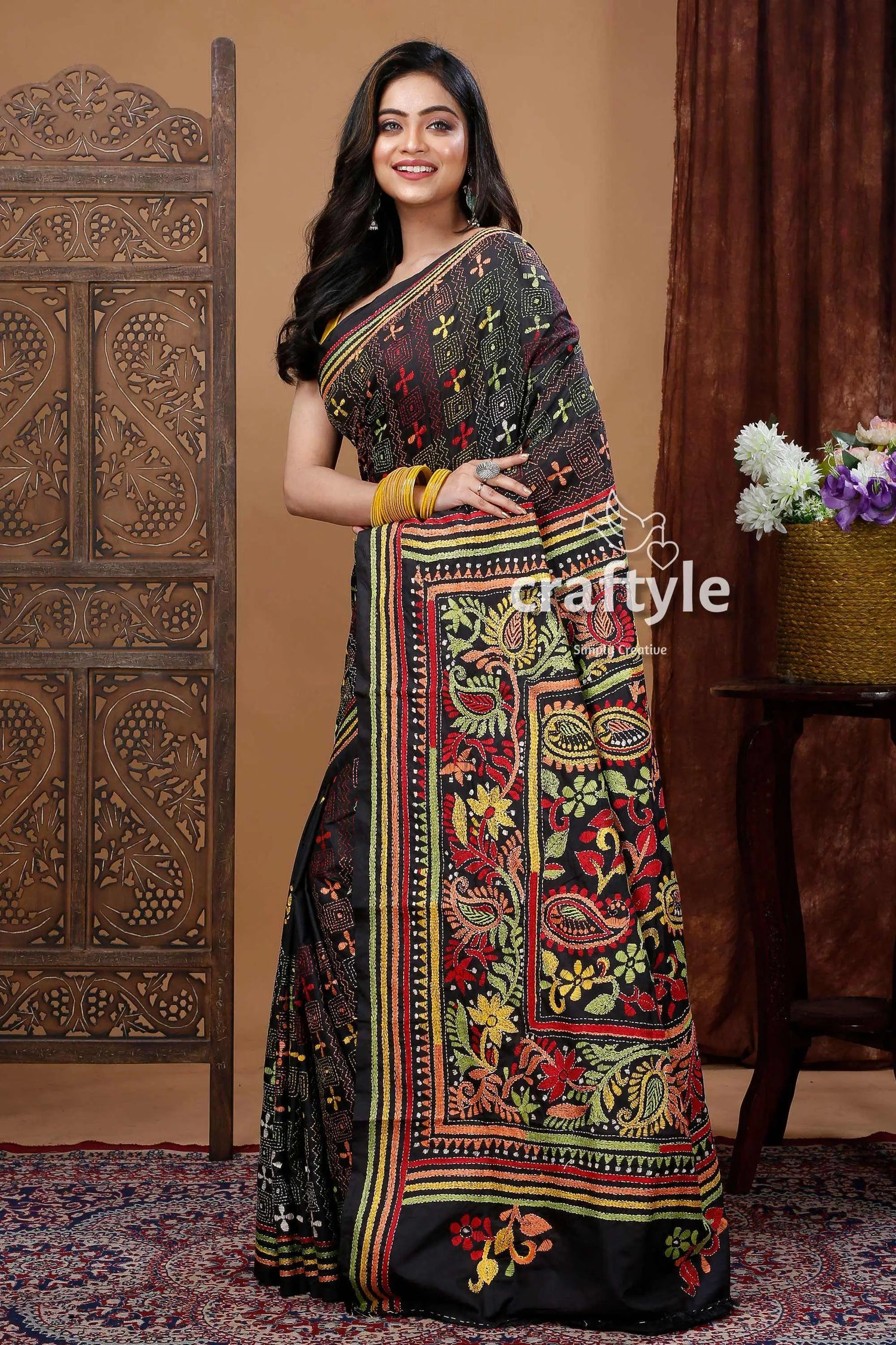 Hand embroidered raven black multicolor traditional silk kantha saree woman black embroidered saree 3