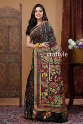 Hand embroidered raven black multicolor traditional silk kantha saree woman black embroidered saree 3