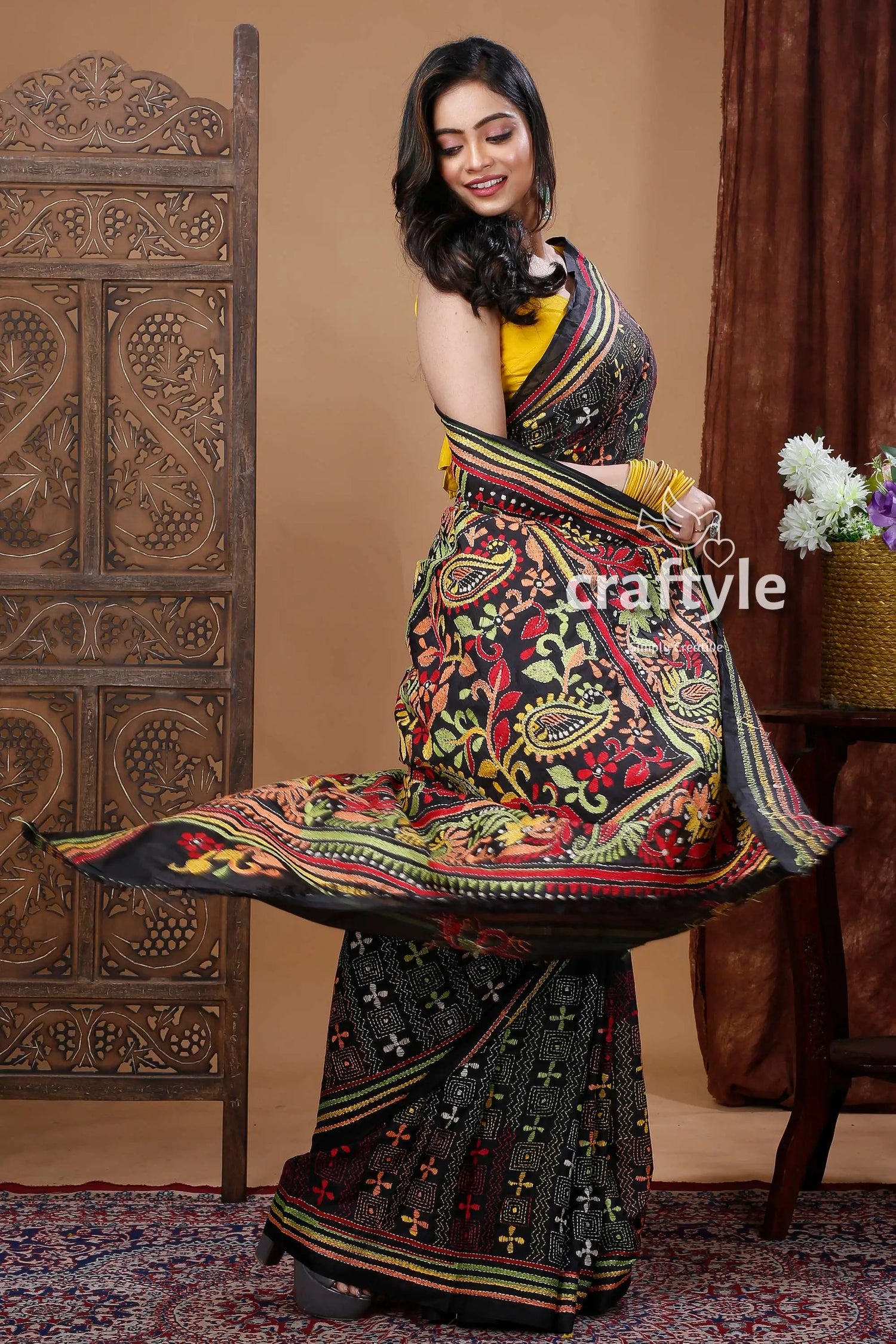 Hand embroidered raven black multicolor traditional silk kantha saree woman black embroidered saree 5