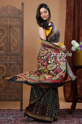 Hand embroidered raven black multicolor traditional silk kantha saree woman black embroidered saree 5