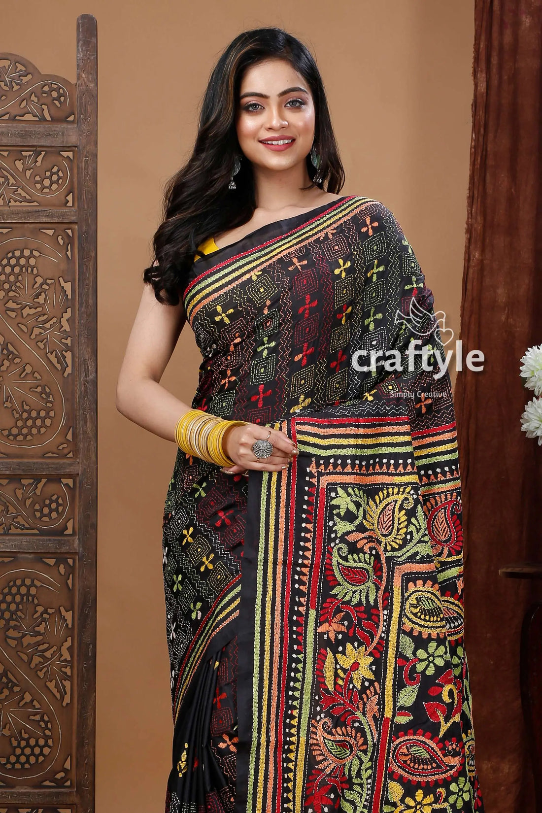 Hand-embroidered raven black multicolor traditional silk kantha saree black saree colorful embroidery 2