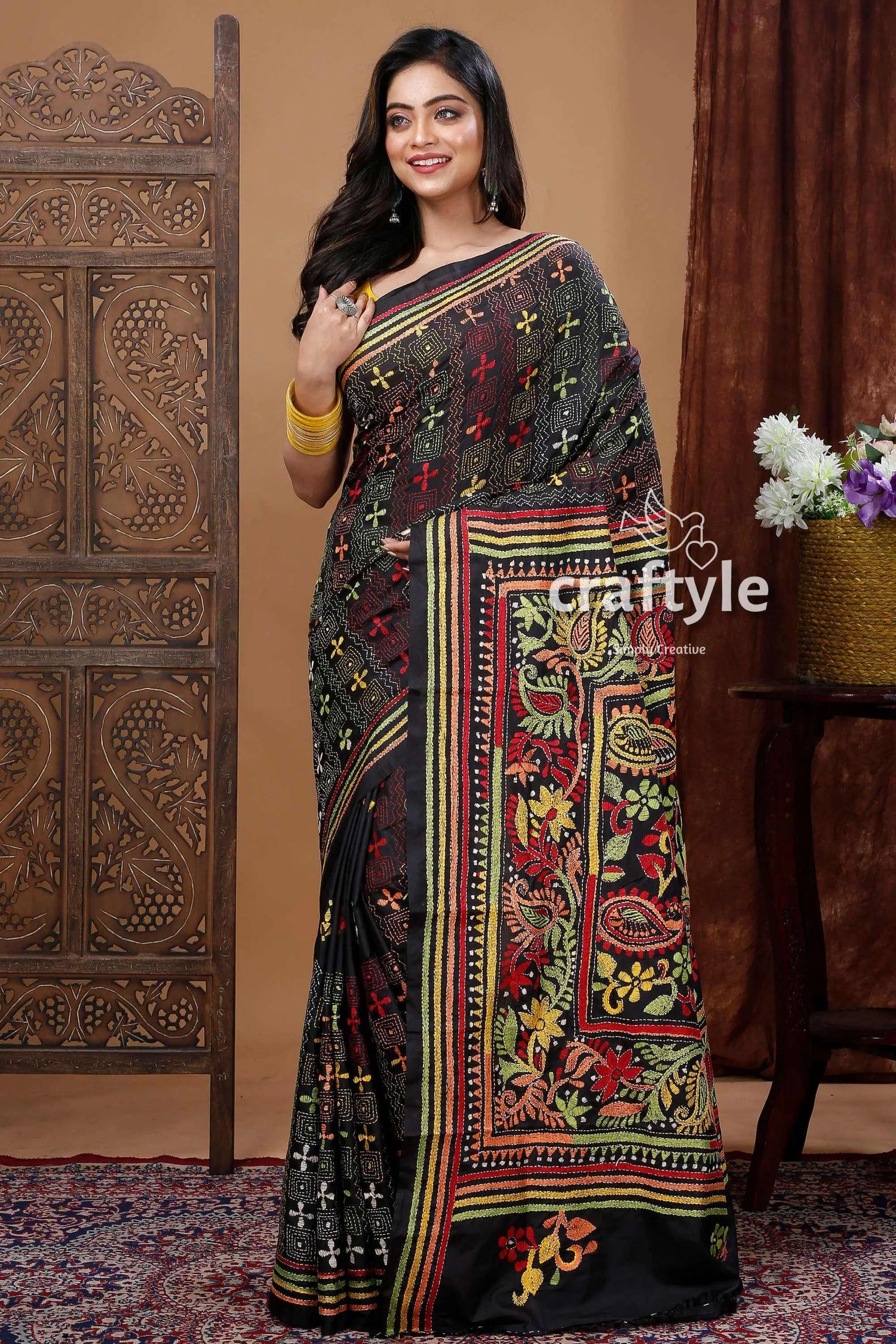 Hand embroidered raven black multicolor traditional silk kantha saree embroidered black saree 1