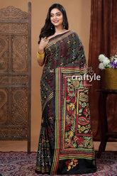 Hand embroidered raven black multicolor traditional silk kantha saree embroidered black saree 1