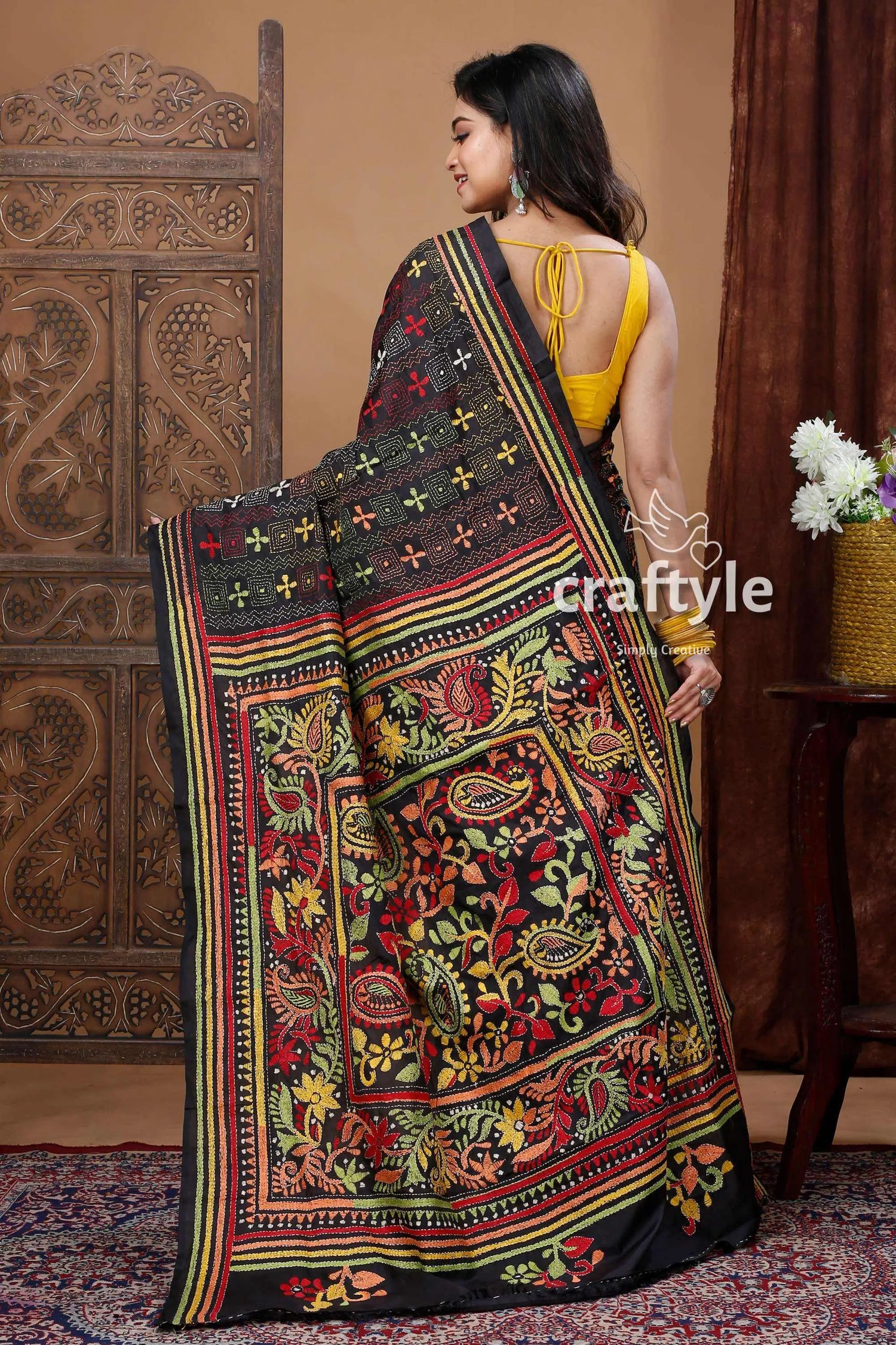 Hand embroidered raven black multicolor traditional silk kantha saree black saree colorful embroidery 4
