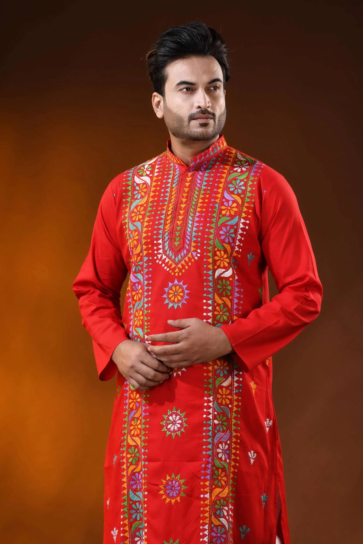 Hand embroidered red cotton kantha panjabi with multicolor floral work 2