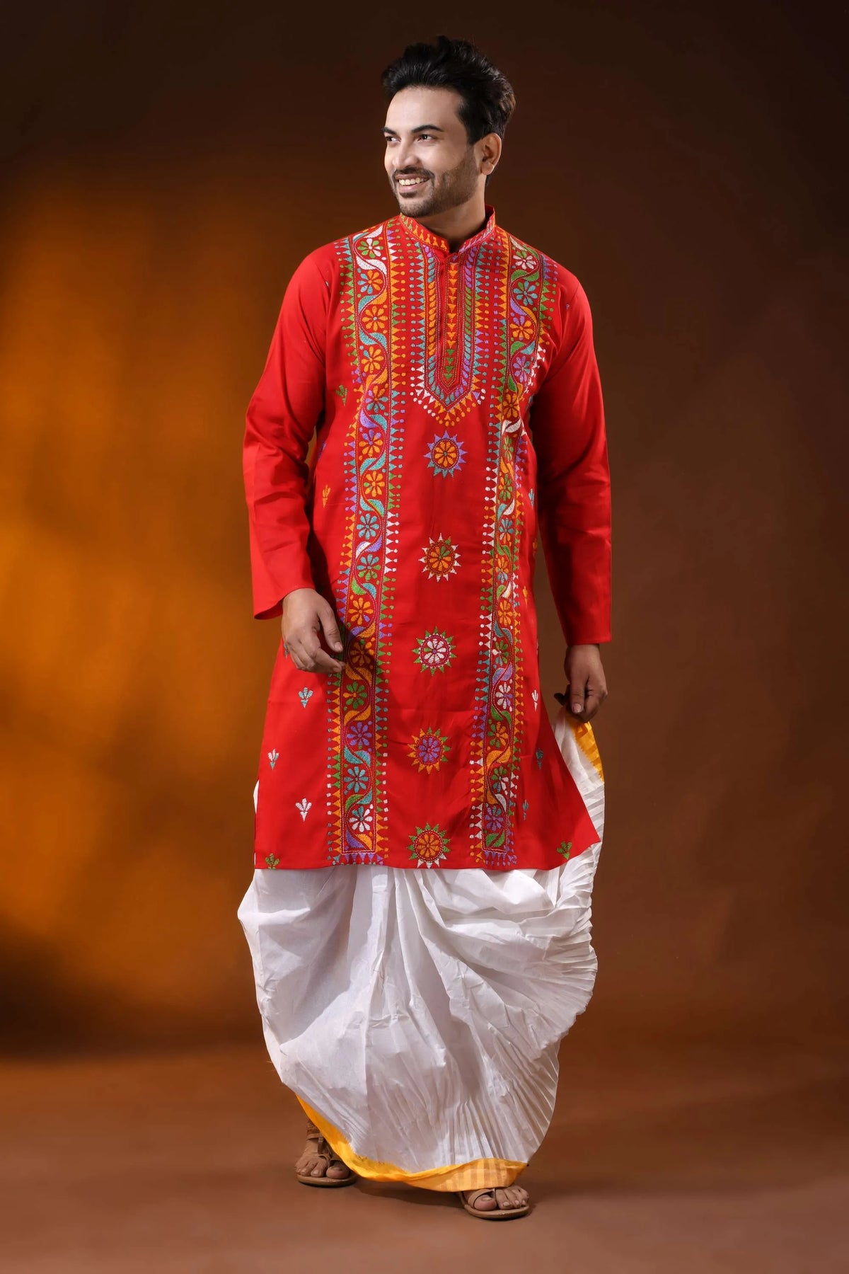Hand embroidered red cotton kantha panjabi with multicolor floral work 1