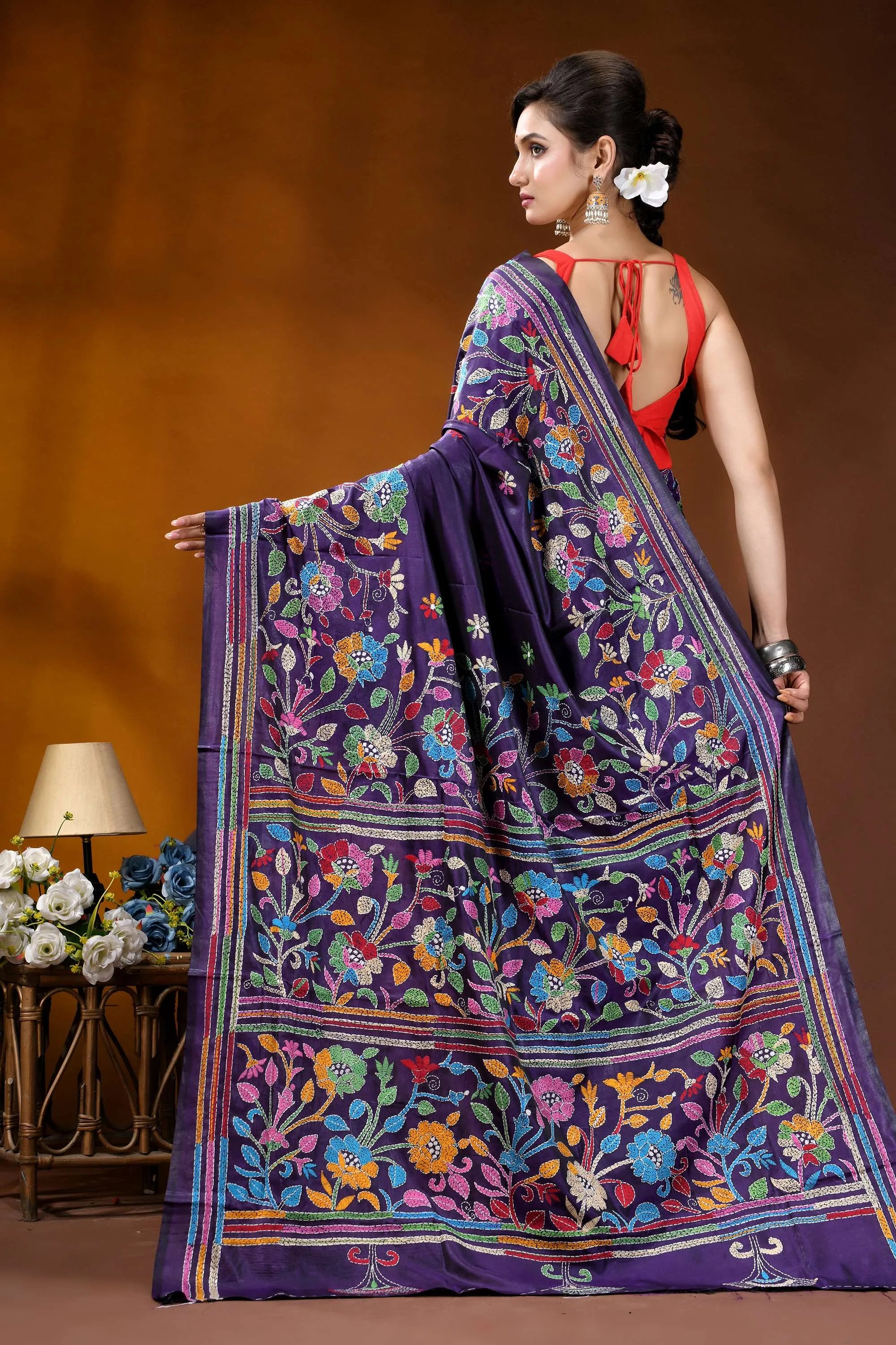 Hand embroidered royal purple silk kantha saree with multithread floral design richly embroidered purple saree vibrant 5