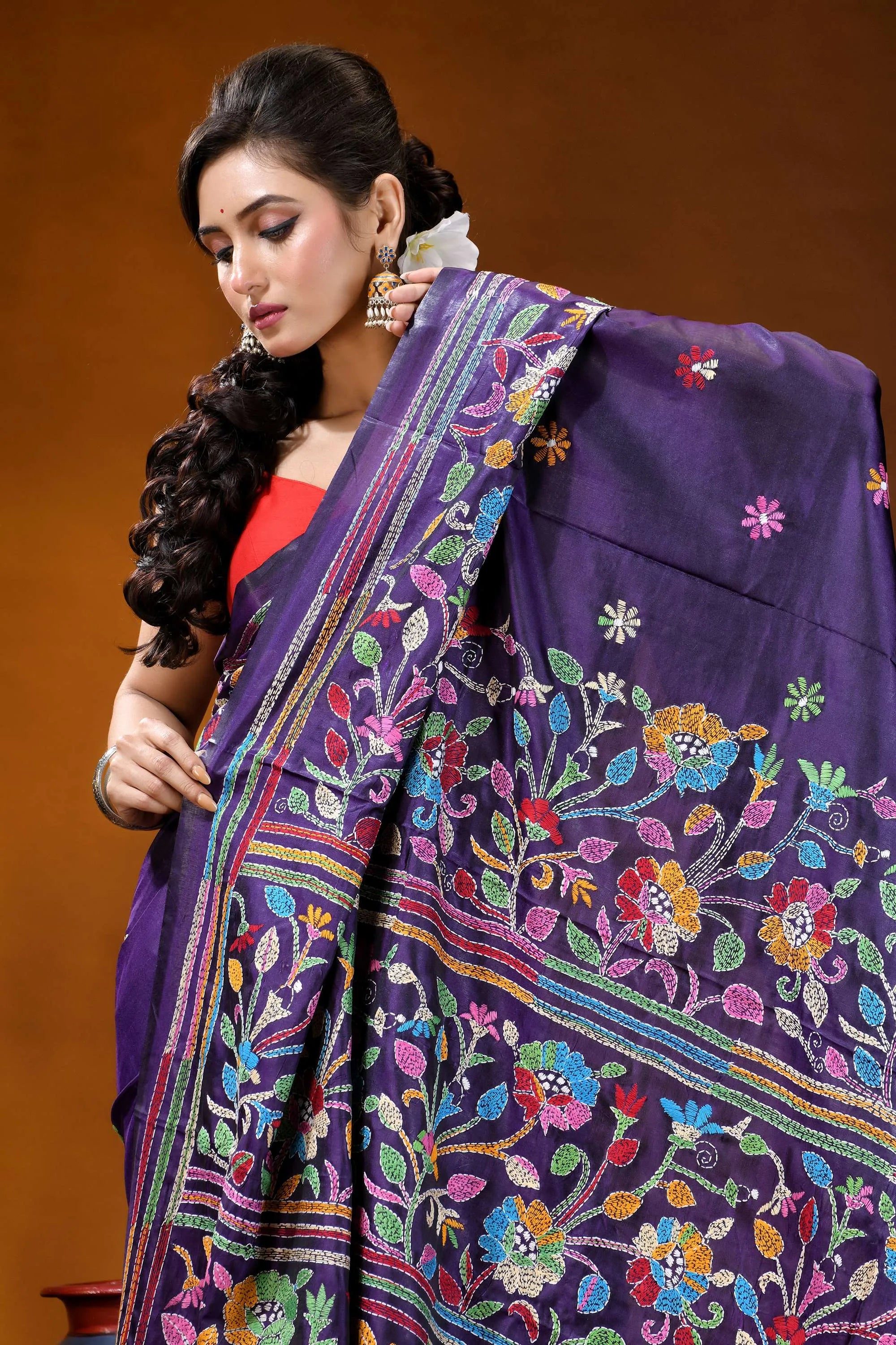 Hand embroidered royal purple silk kantha saree with multithread floral design richly embroidered purple saree vibrant 2