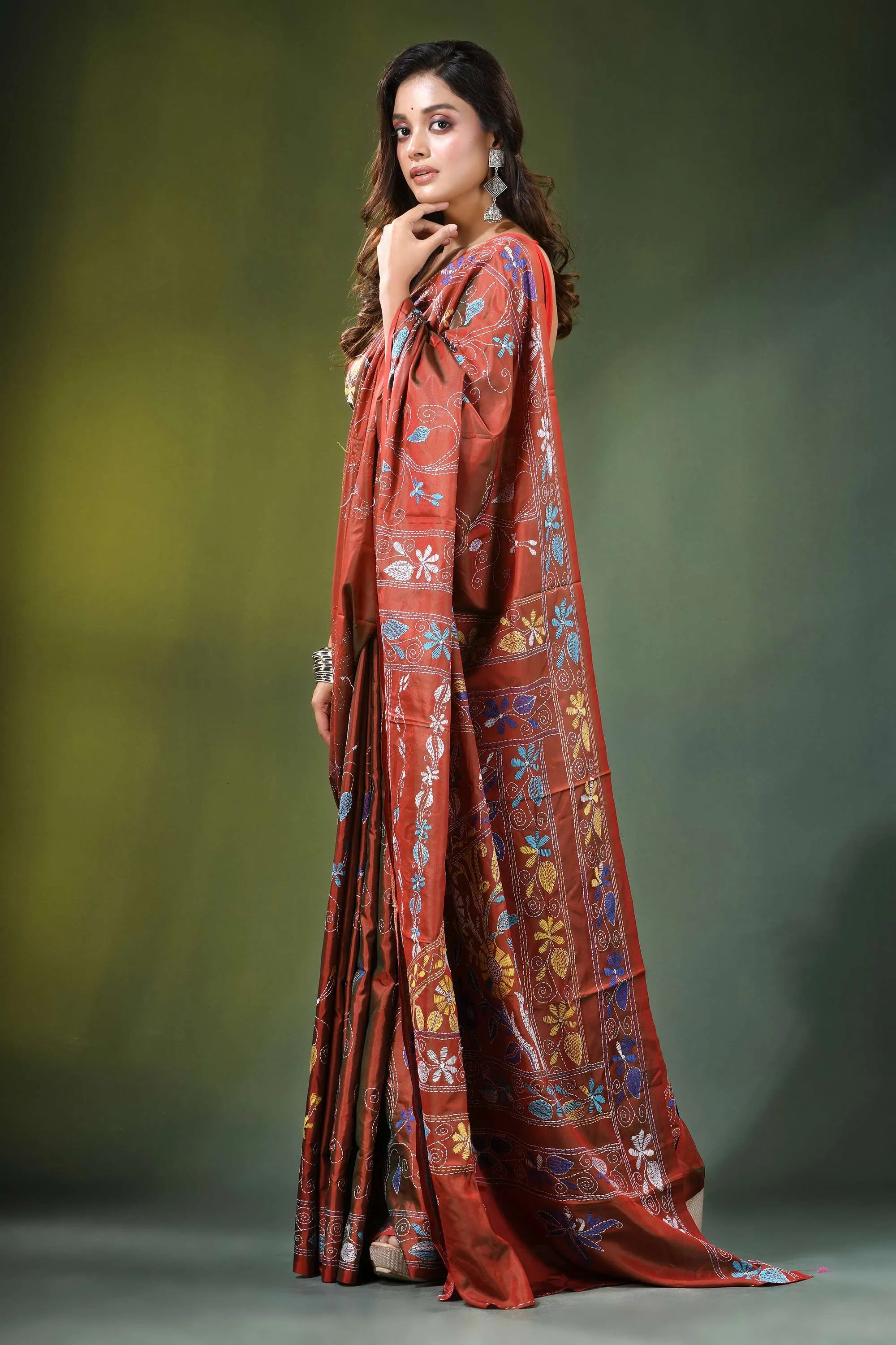 Hand embroidered rust brown floral motif silk kantha saree rich rust-colored adorned 4