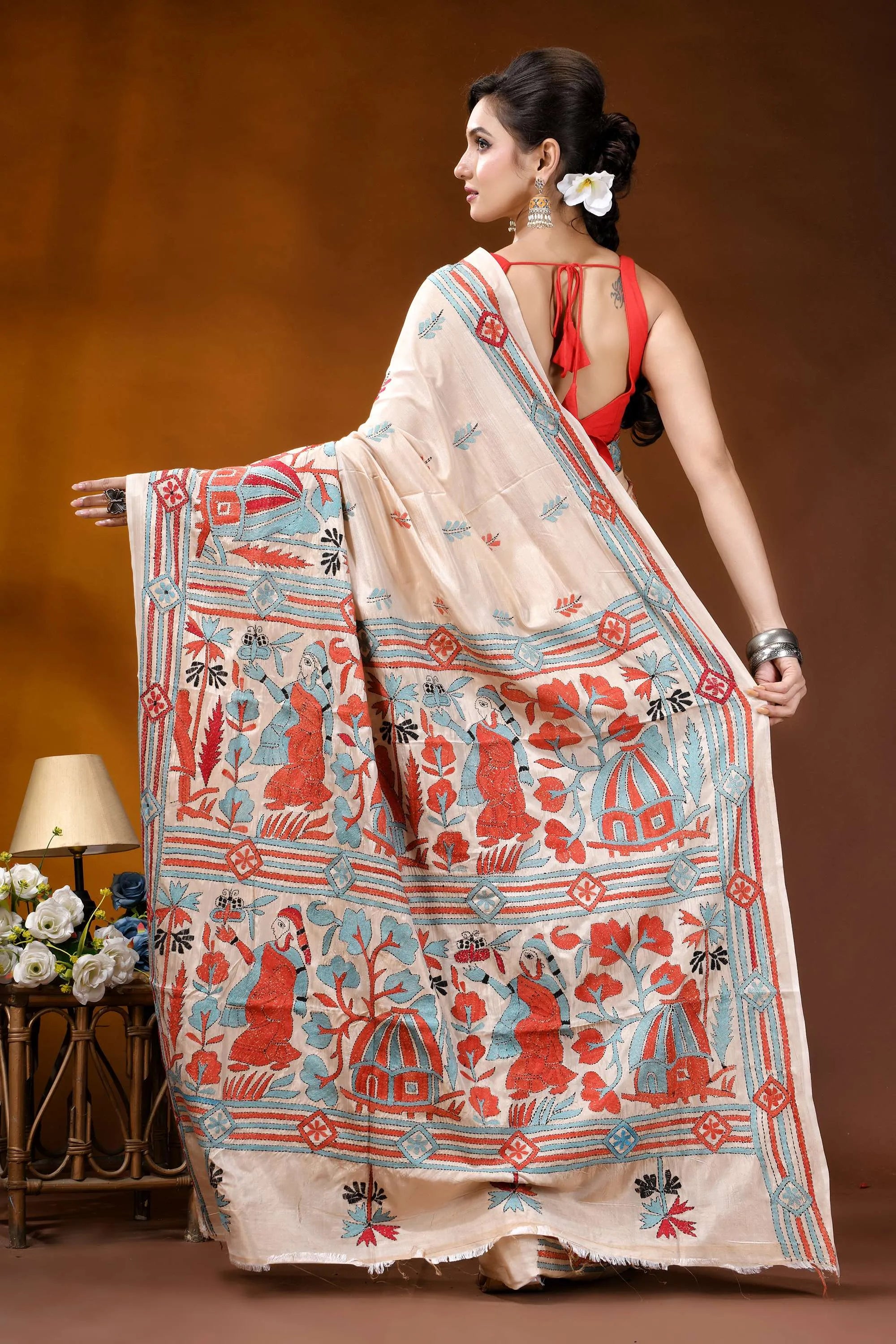 Hand embroidered village theme silk kantha stitch saree in beige beige silk saree intricate red 5