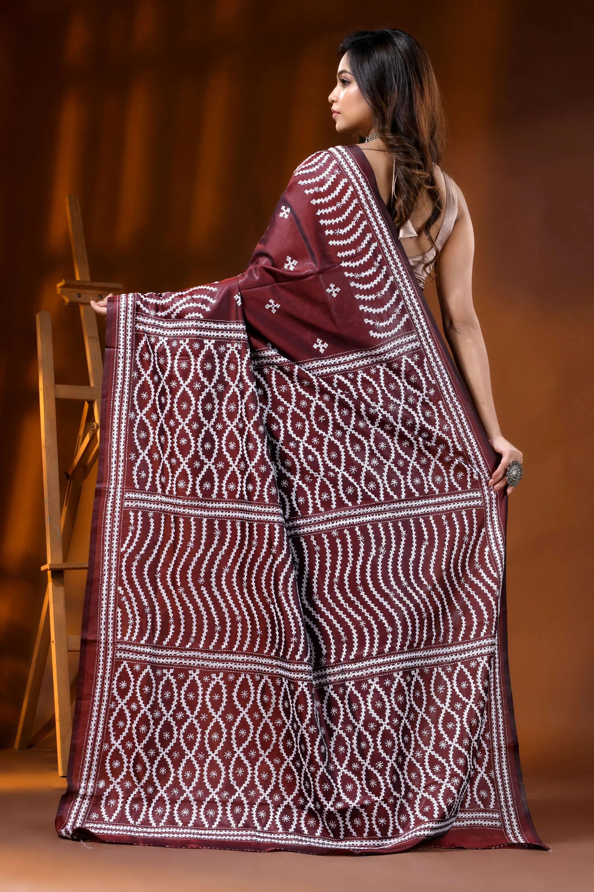 Hand embroidered wine kutch work saree in silk ethnic design 4