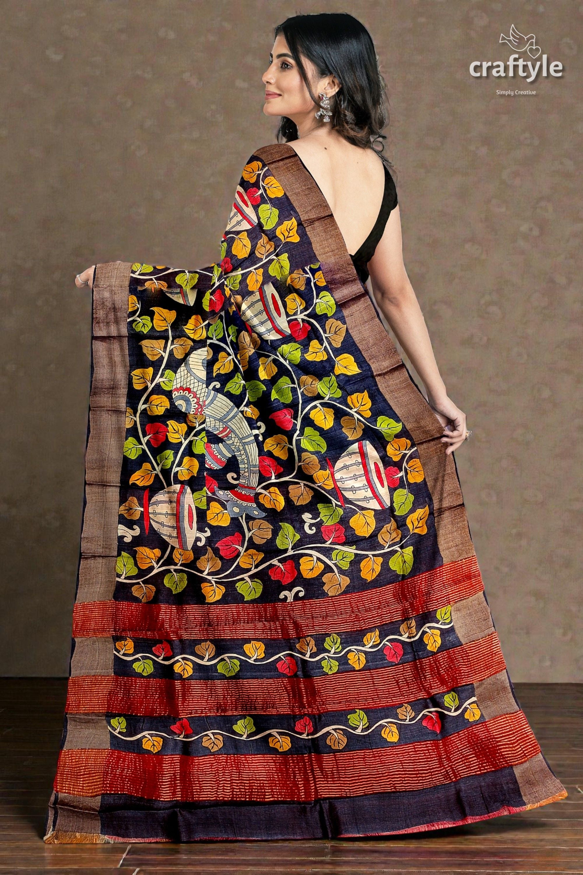 Ebony Black Hand-Painted Pure Tussar Kalamkari Saree with Zari Border