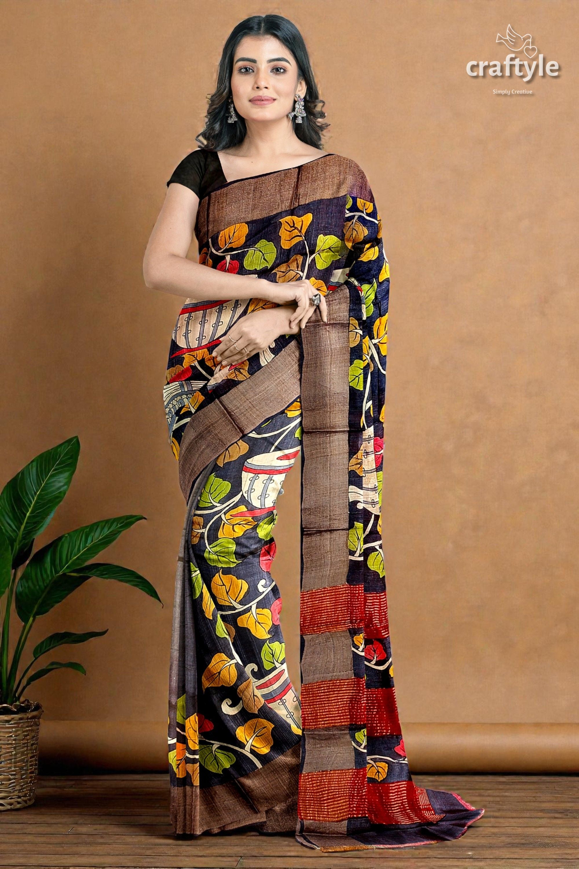 Ebony Black Hand-Painted Pure Tussar Kalamkari Saree with Zari Border