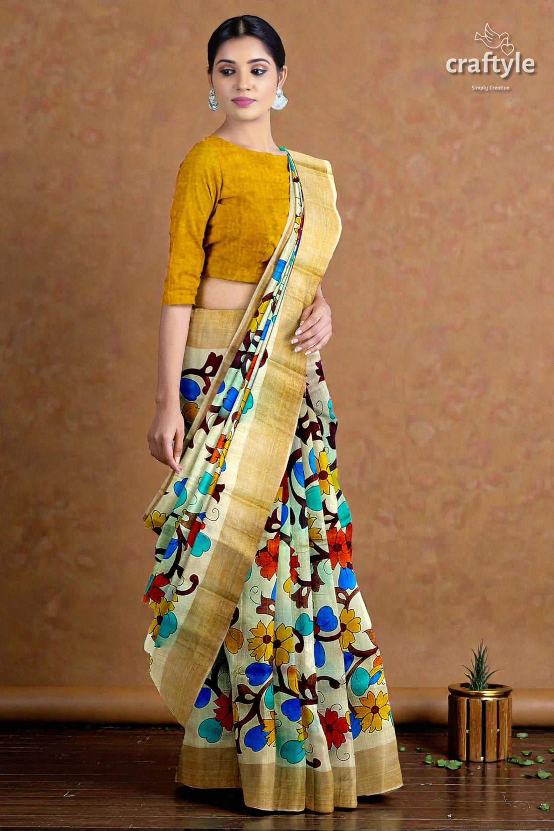 Hand Painted Pearl Bush Sari with Pure Tussar Kalamkari Designs - Zari Border