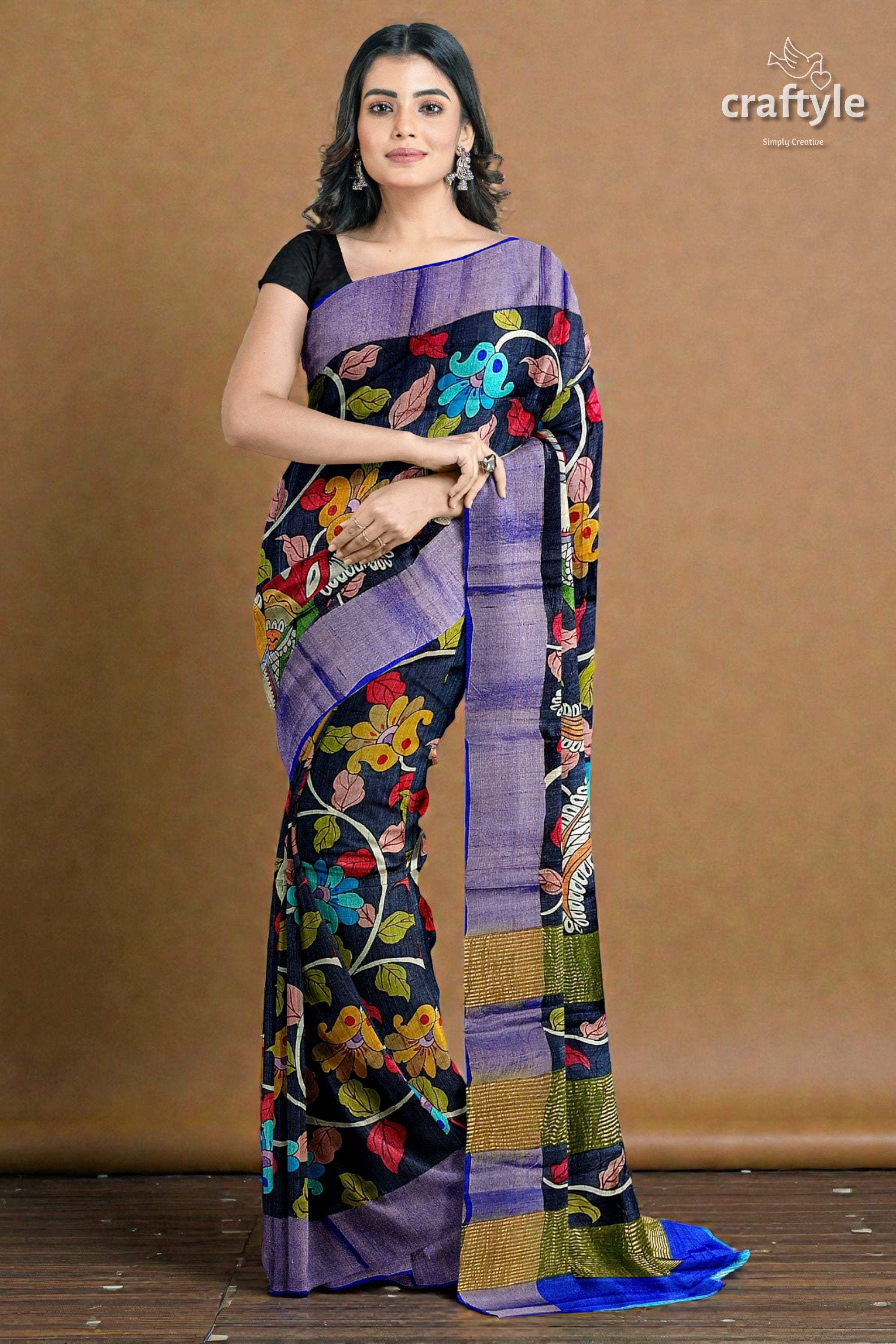 Ink Black Tussar Kalamkari Saree - Hand Painted Zari Border Pure Tussar Fabric