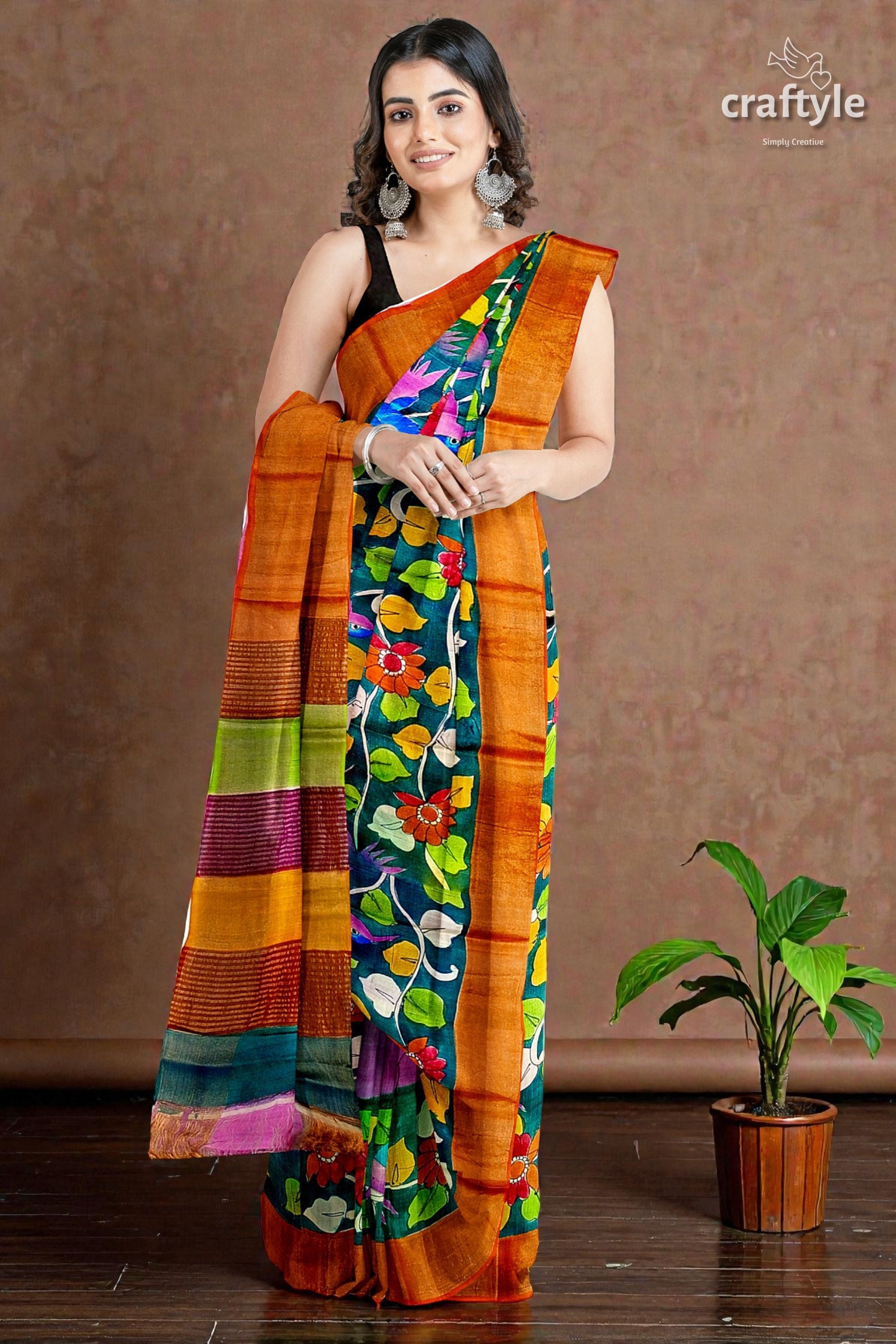 Floral and Bird Motif Pure Tussar Kalamkari Sari with Zari Border - Hand Painted