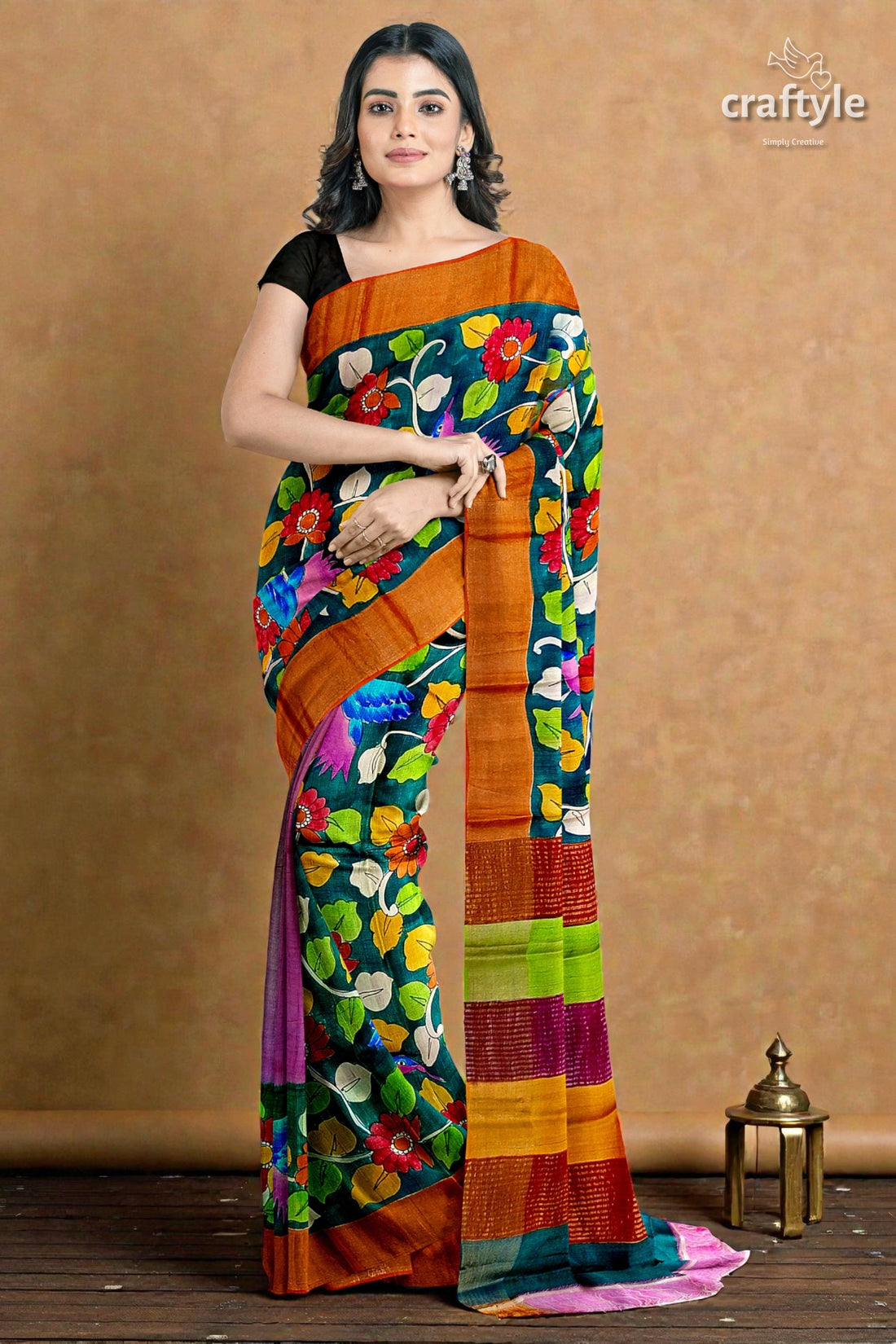 Floral and Bird Motif Pure Tussar Kalamkari Sari with Zari Border - Hand Painted