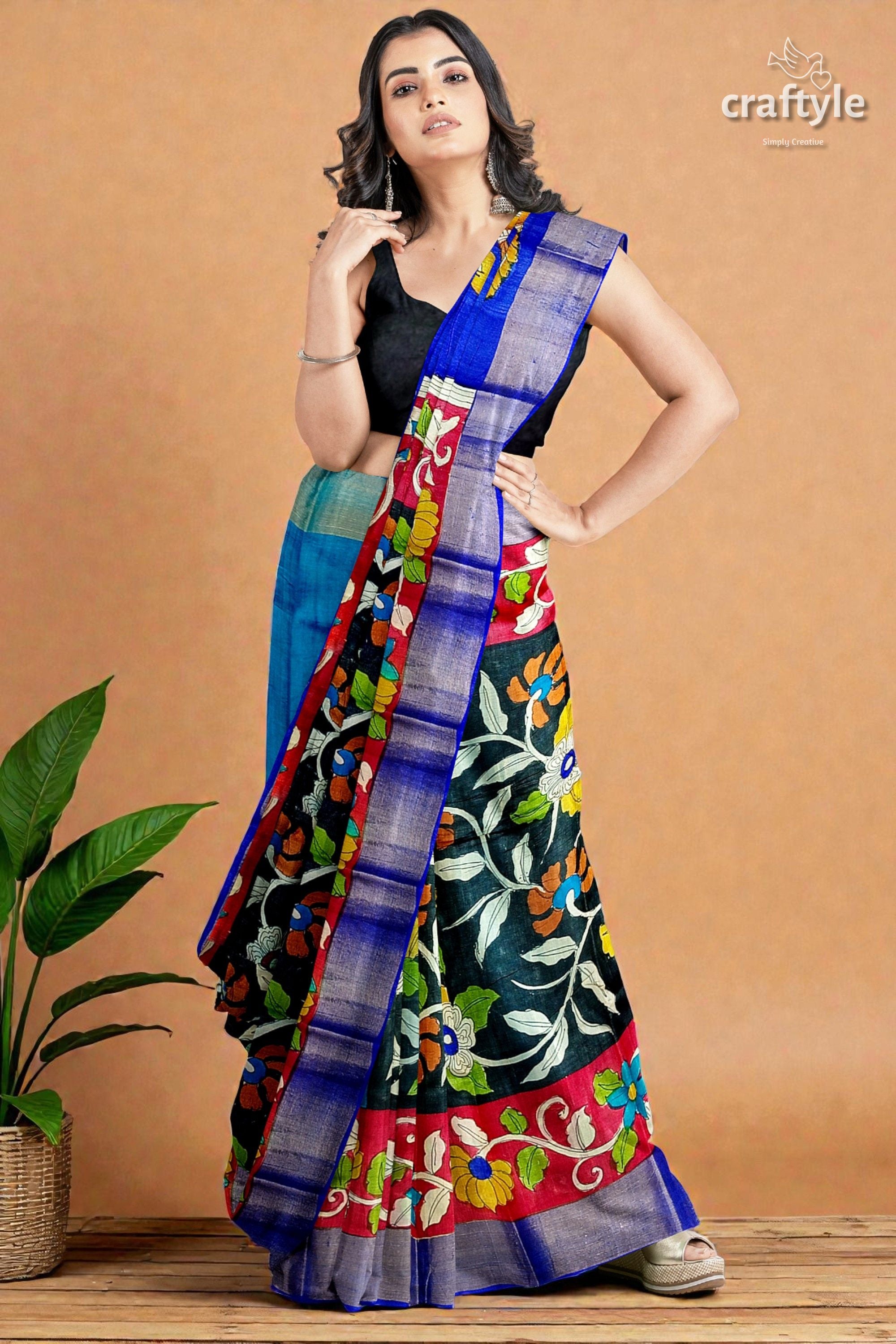 Black Dark Red Hand Painted Pure Tussar Kalamkari Sari with Zari Border