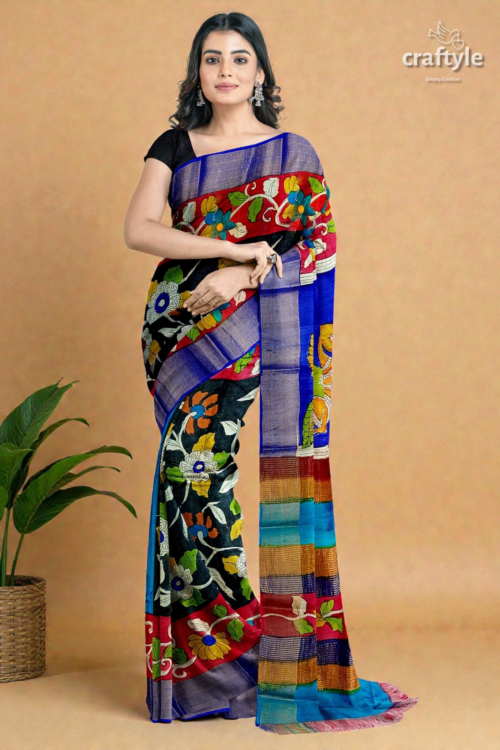 Black Dark Red Hand Painted Pure Tussar Kalamkari Sari with Zari Border