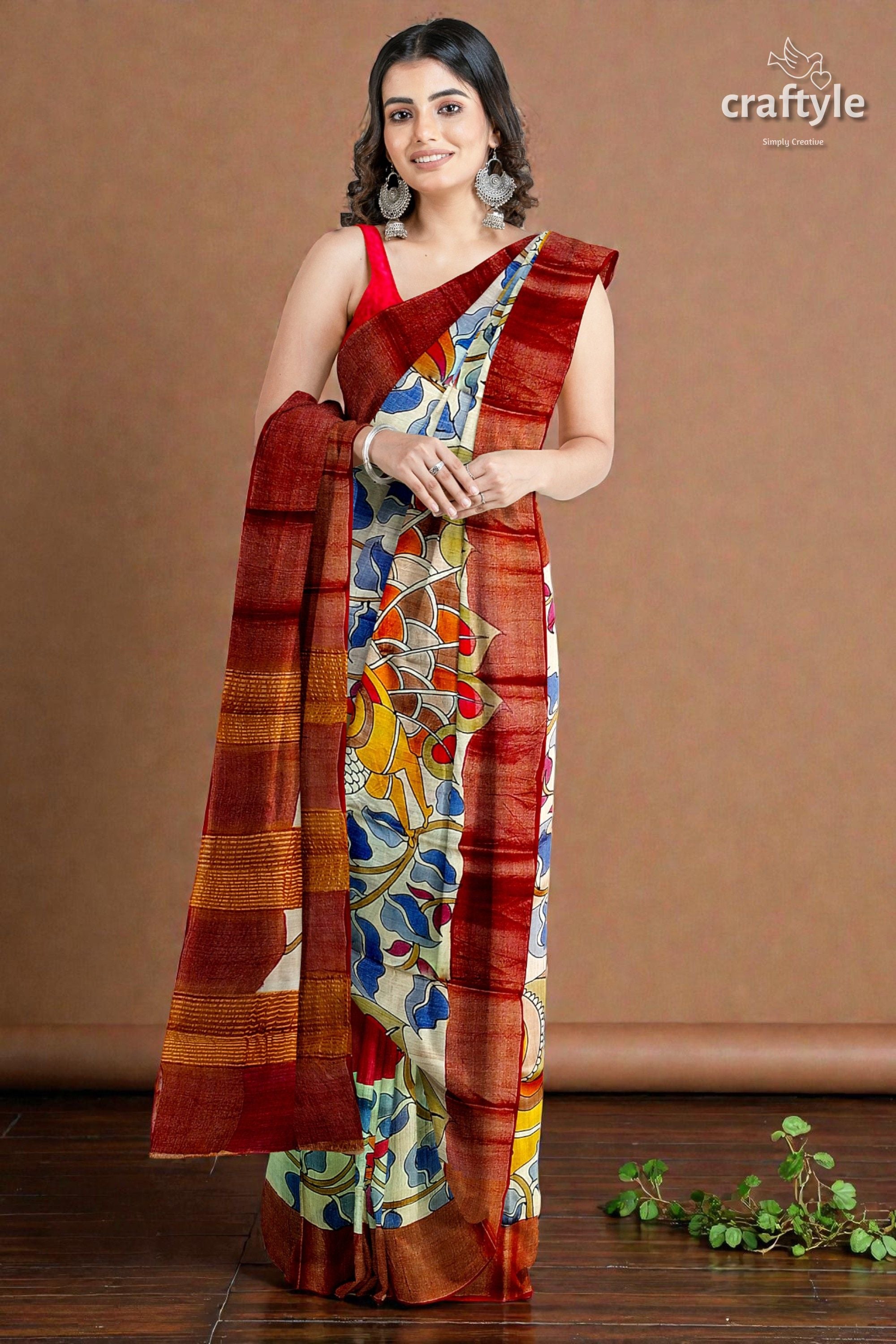 Hand Painted Pure Tussar Silk Saree with Zari Border - Stunning Peacock Design