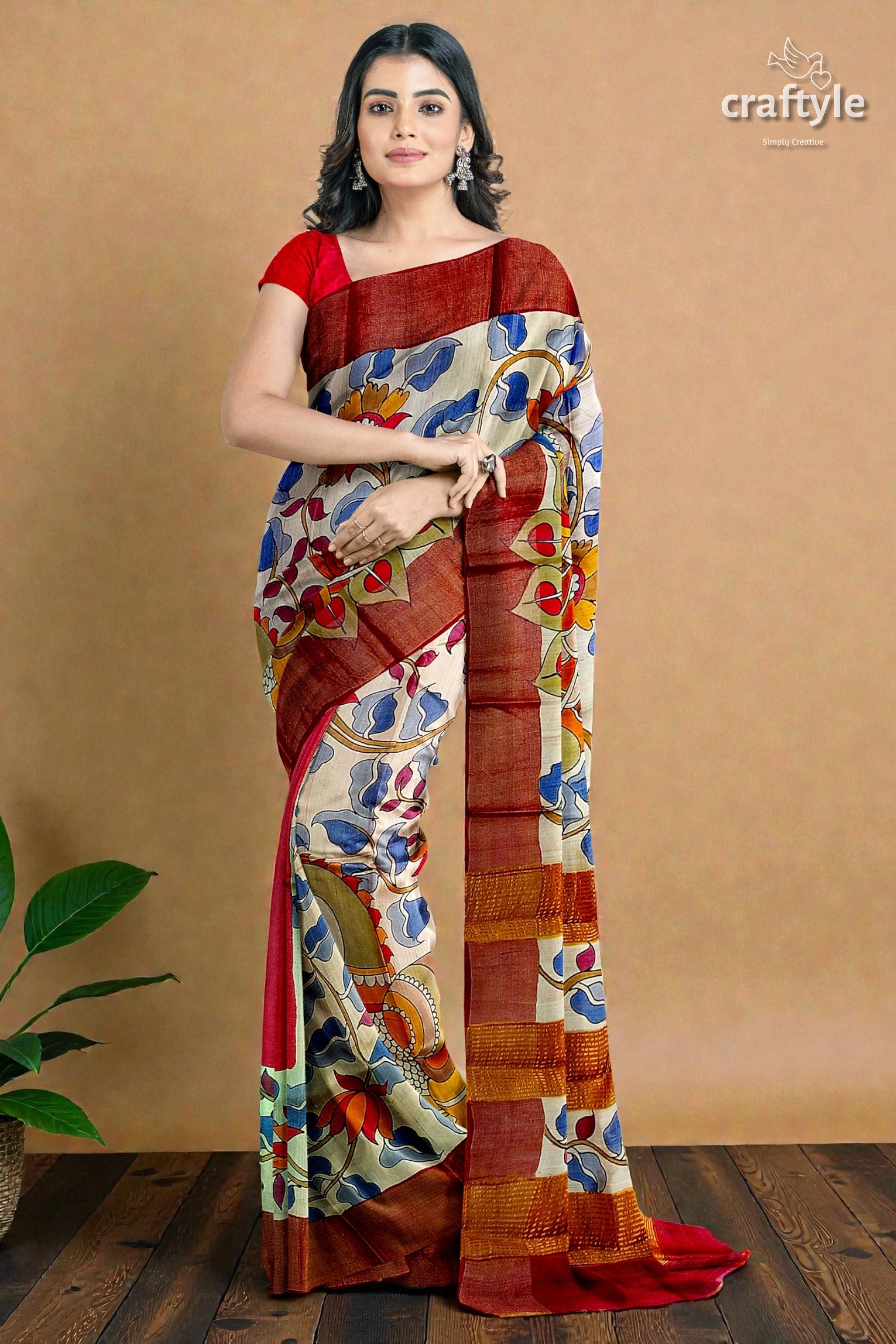 Hand Painted Pure Tussar Silk Saree with Zari Border - Stunning Peacock Design