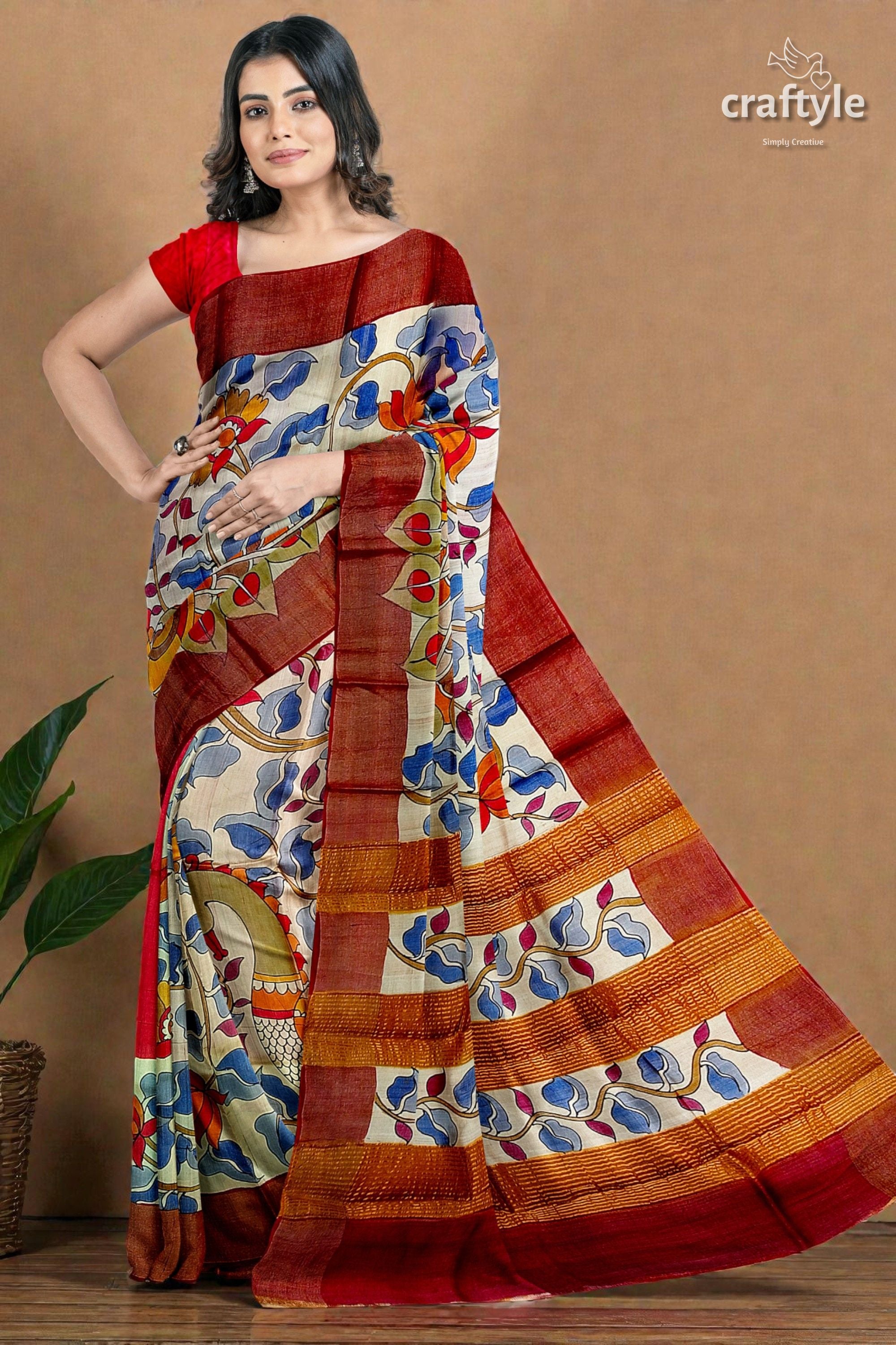 Hand Painted Pure Tussar Silk Saree with Zari Border - Stunning Peacock Design