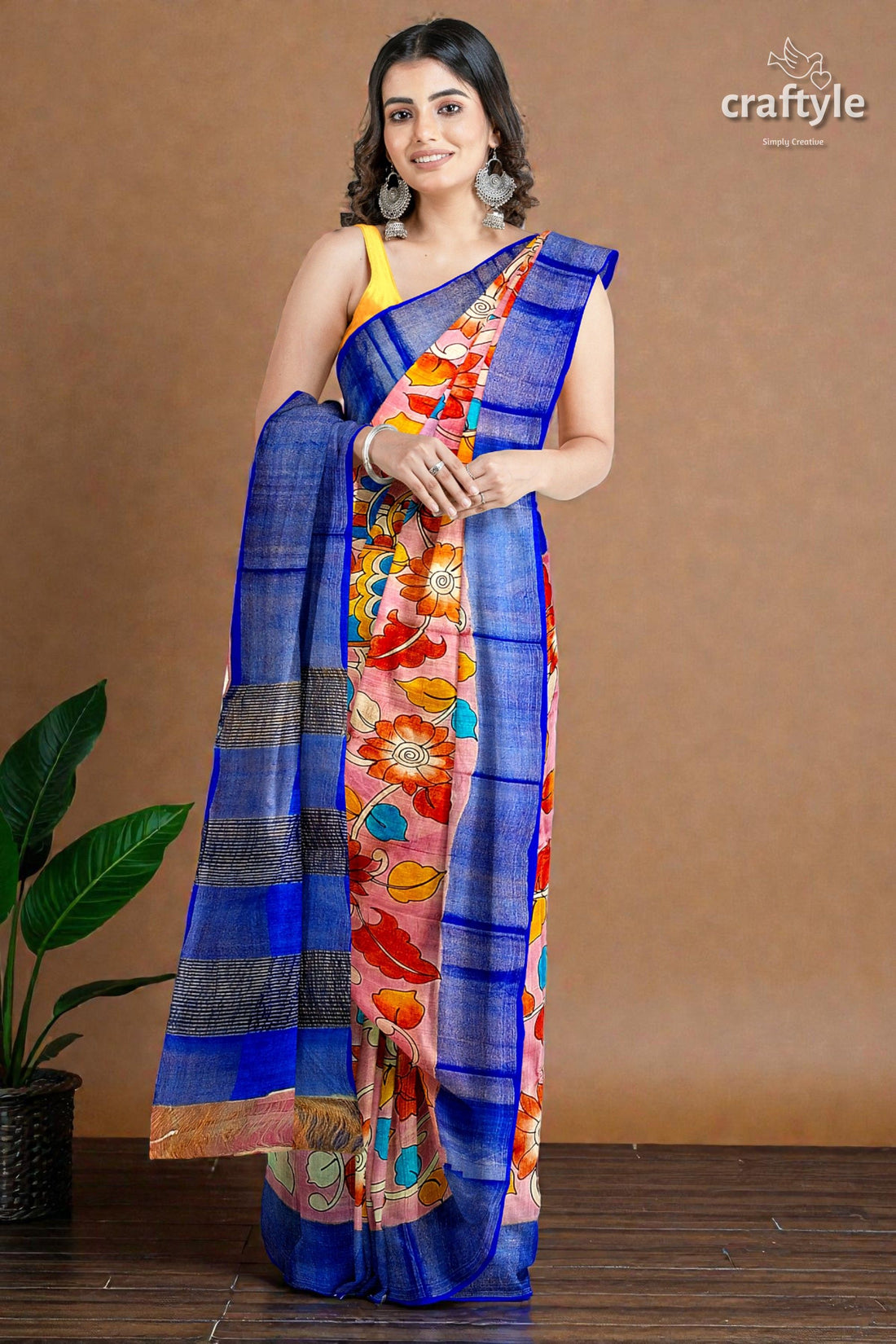 Light Pink Hand-Painted Pure Tussar Kalamkari Saree with Elegant Zari Border