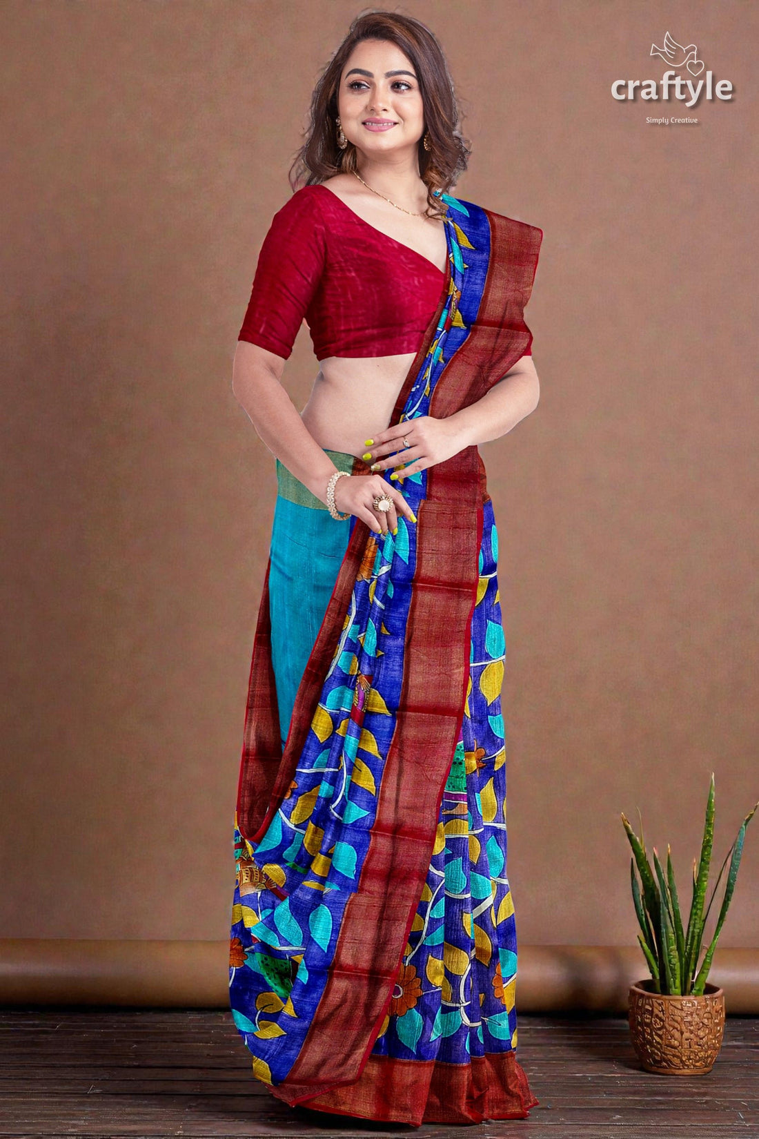 Hand-Painted Admiral Blue Pure Tussar Kalamkari Saree with Zari Border