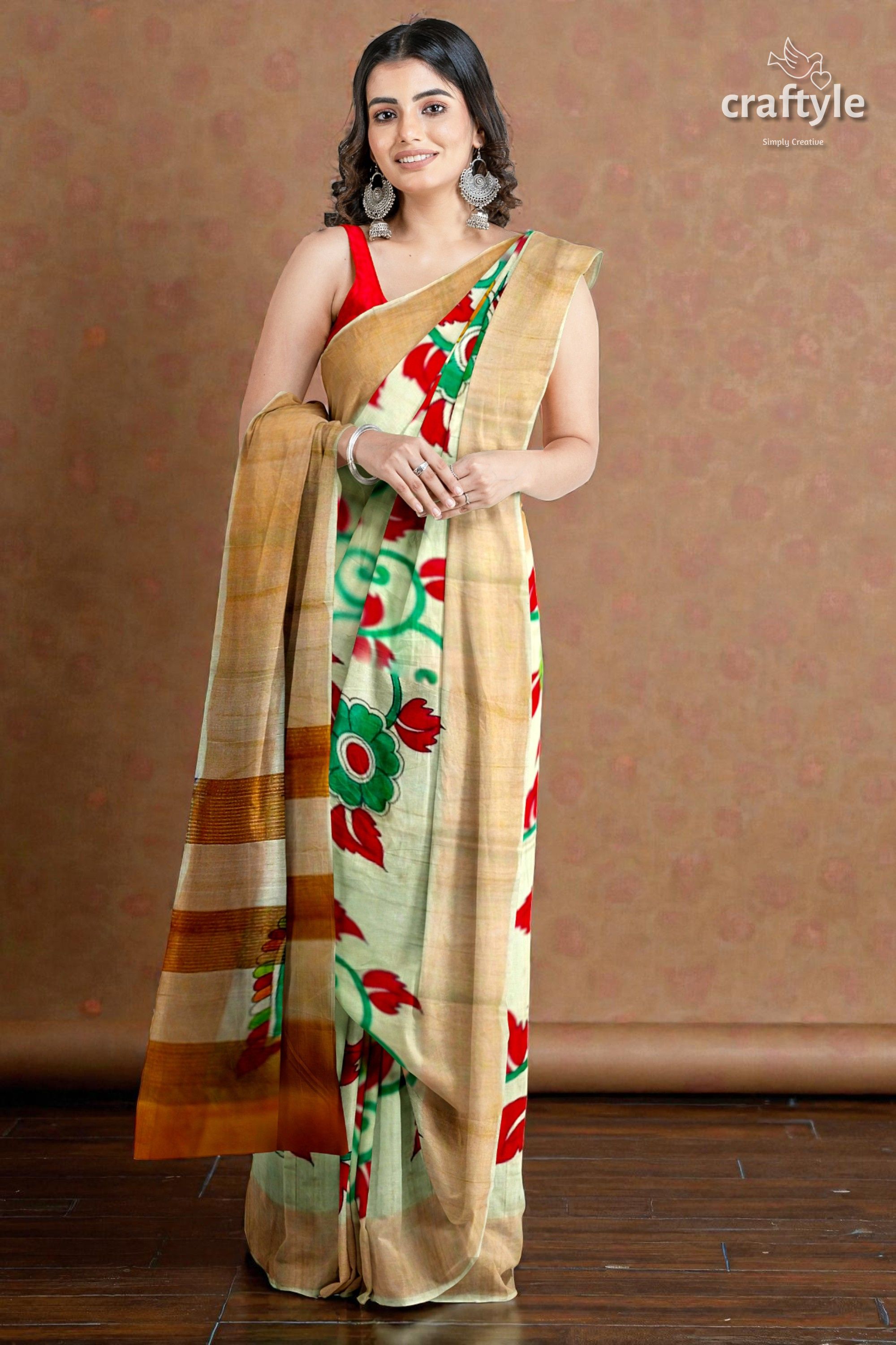 Peacock Motif Kalamkari Saree - Hand Painted Pure Tussar Silk with Zari Border