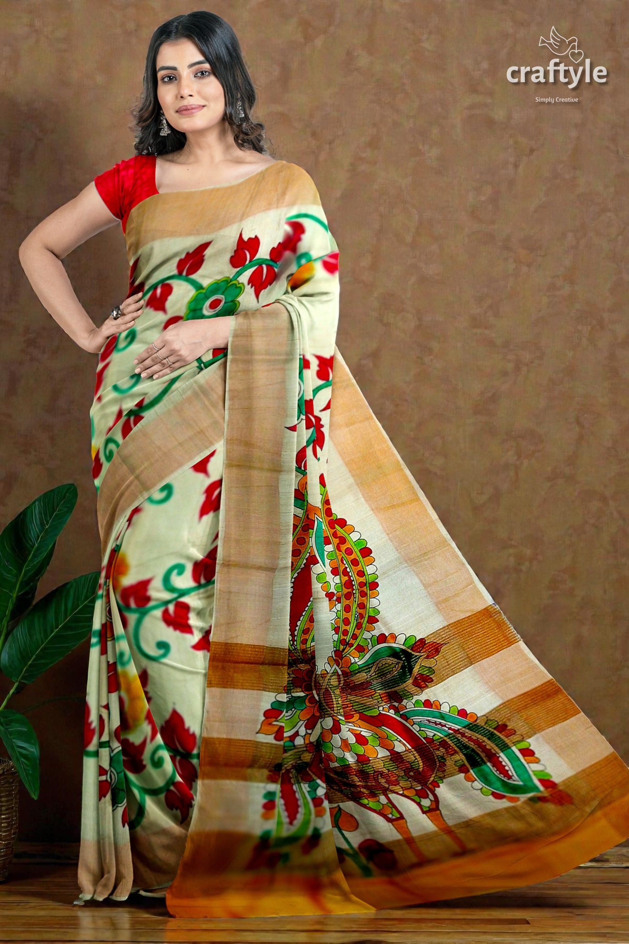 Peacock Motif Kalamkari Saree - Hand Painted Pure Tussar Silk with Zari Border