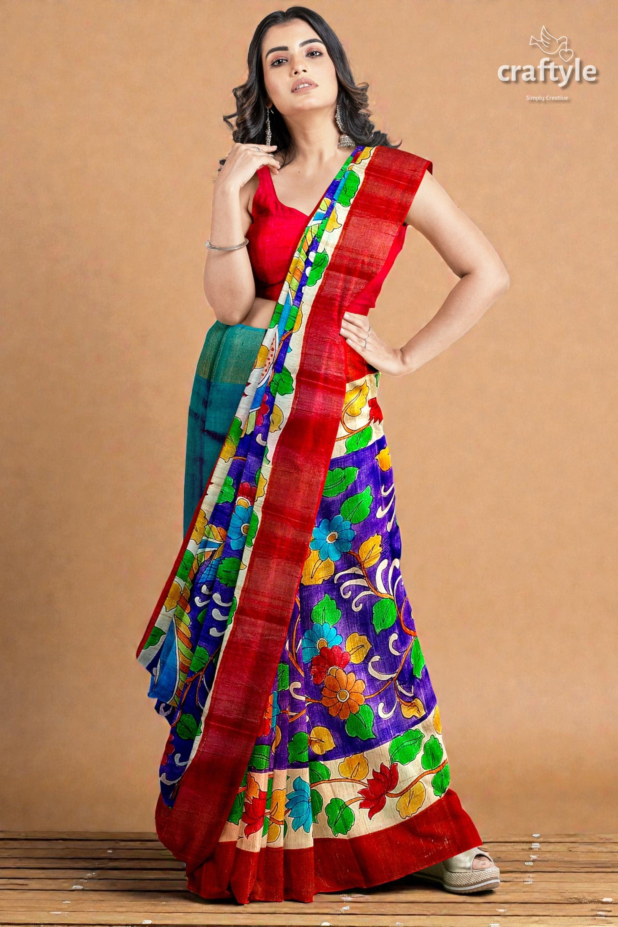 Persian Blue Handcrafted Tussar Saree with Zari Border - Pure Tussar Kalamkari Design