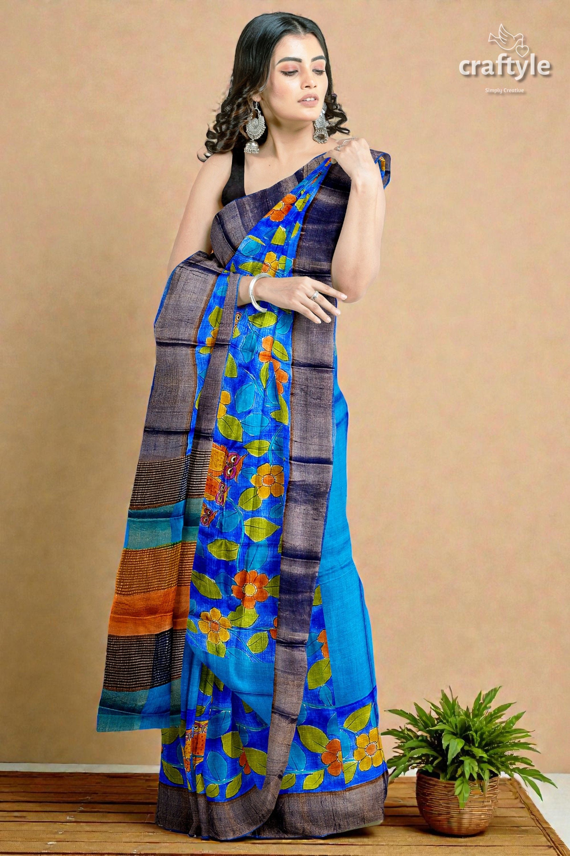 Azure Blue Pure Tussar Kalamkari Saree - Hand Painted with Zari Border