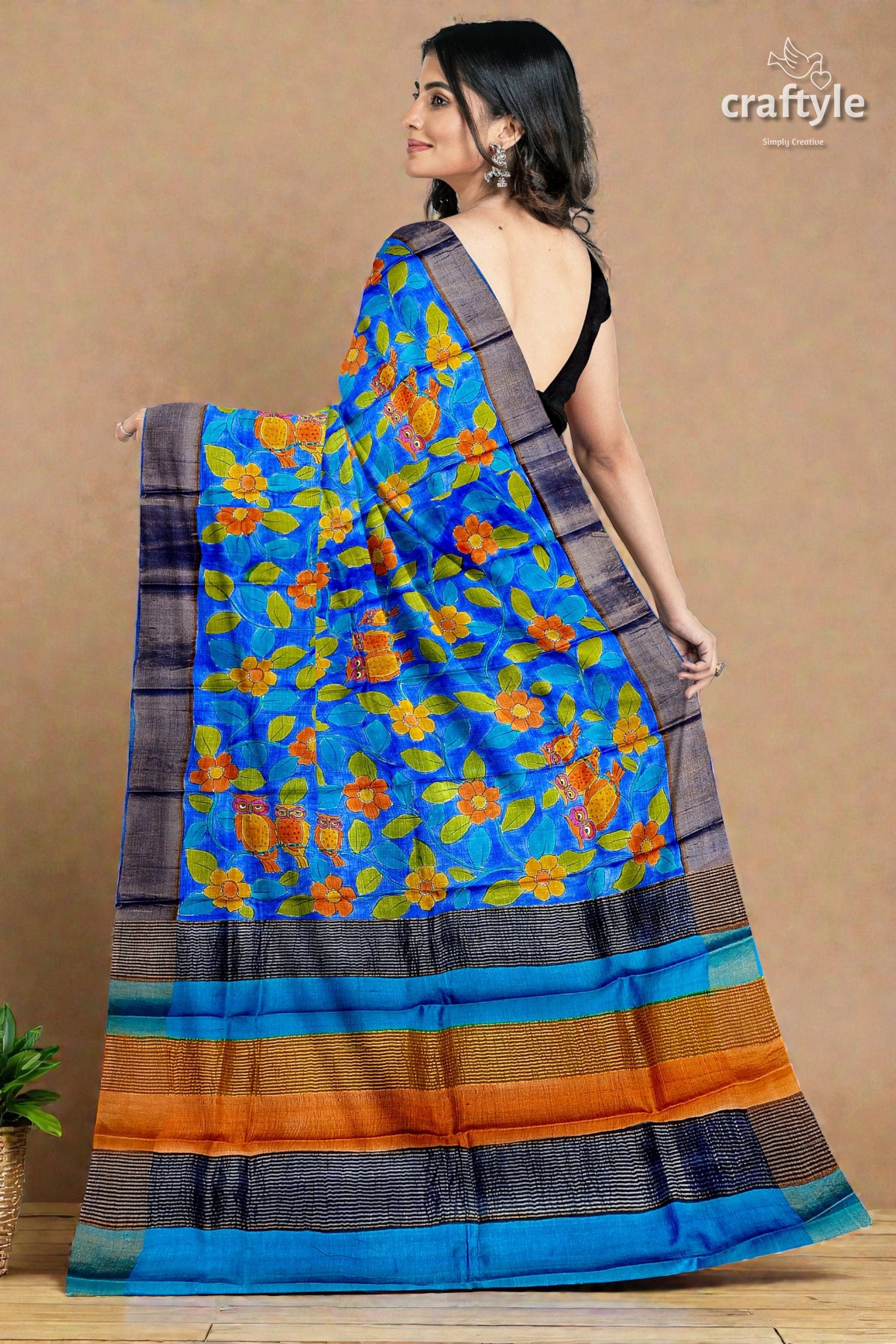 Azure Blue Pure Tussar Kalamkari Saree - Hand Painted with Zari Border
