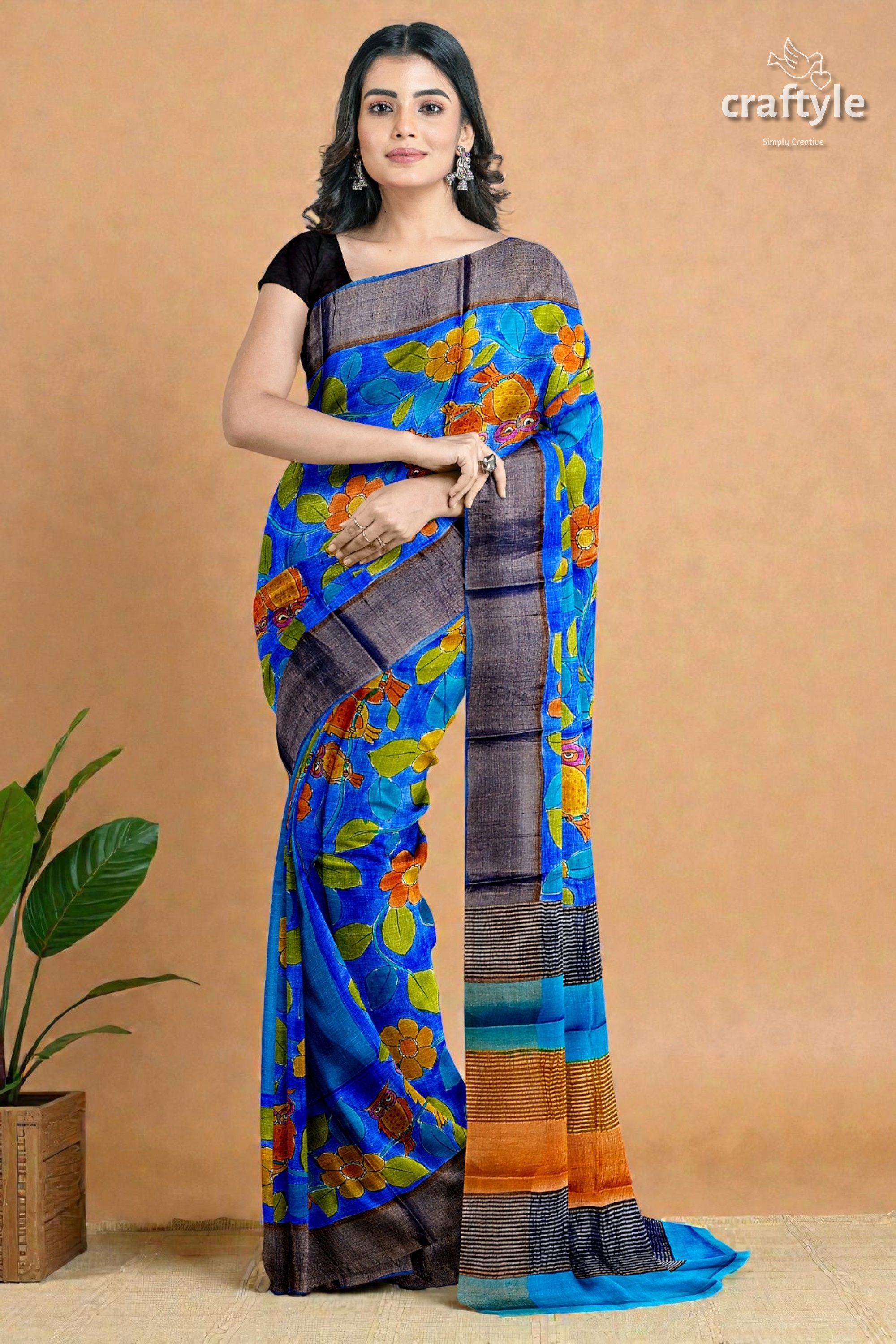 Azure Blue Pure Tussar Kalamkari Saree - Hand Painted with Zari Border
