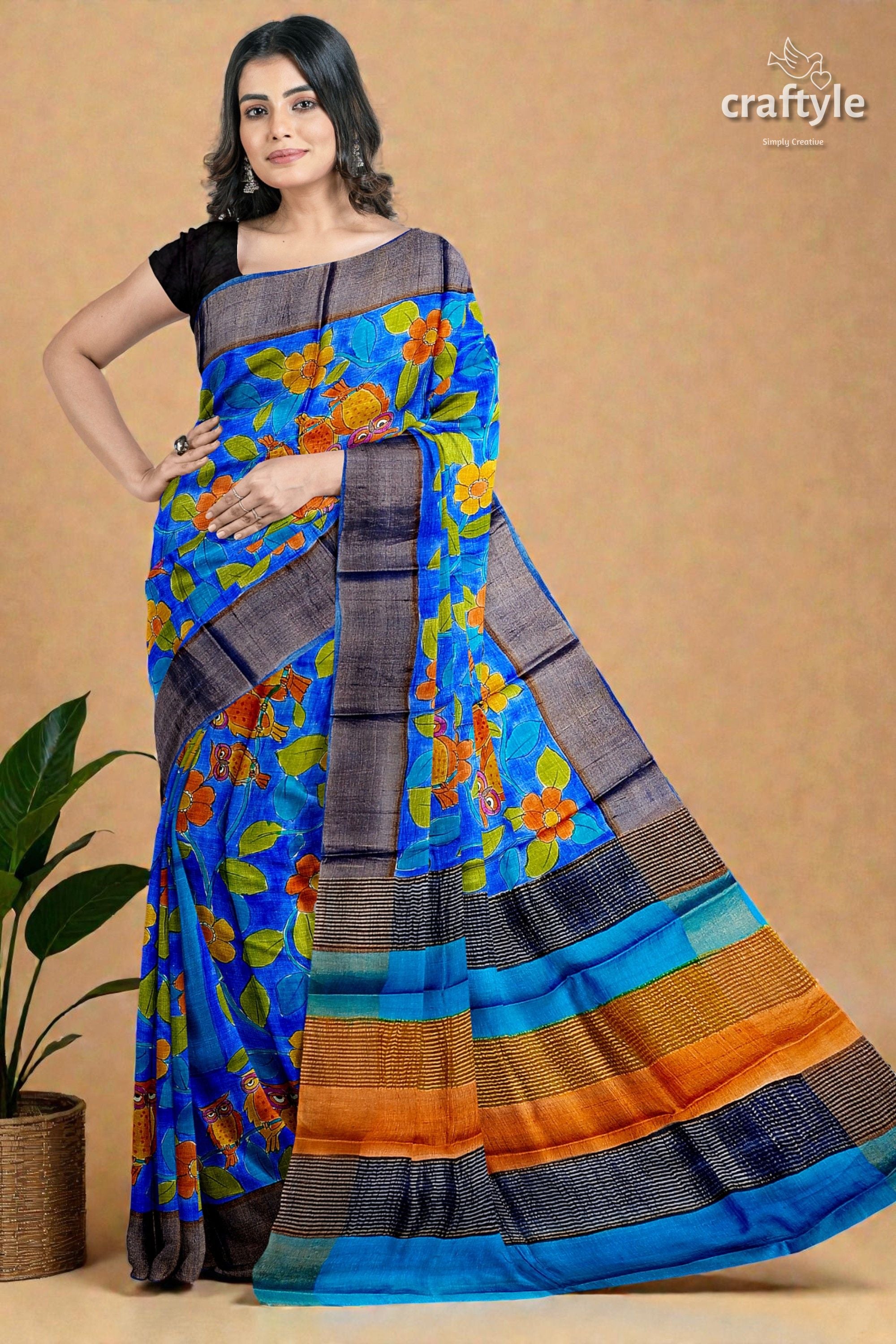 Azure Blue Pure Tussar Kalamkari Saree - Hand Painted with Zari Border