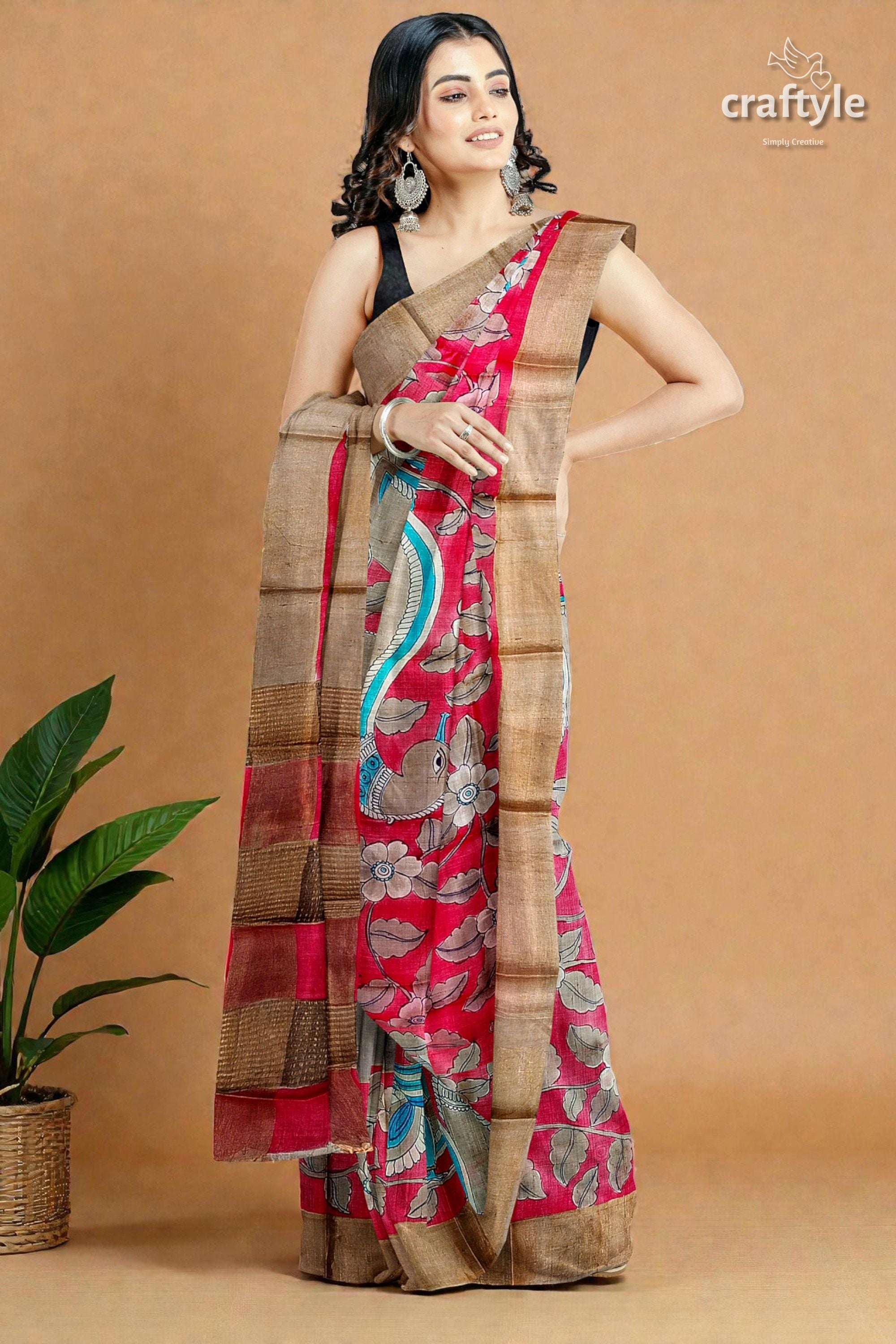 Apple Red Hand Painted Kalamkari Work Pure Tussar Silk Saree with Zari Border