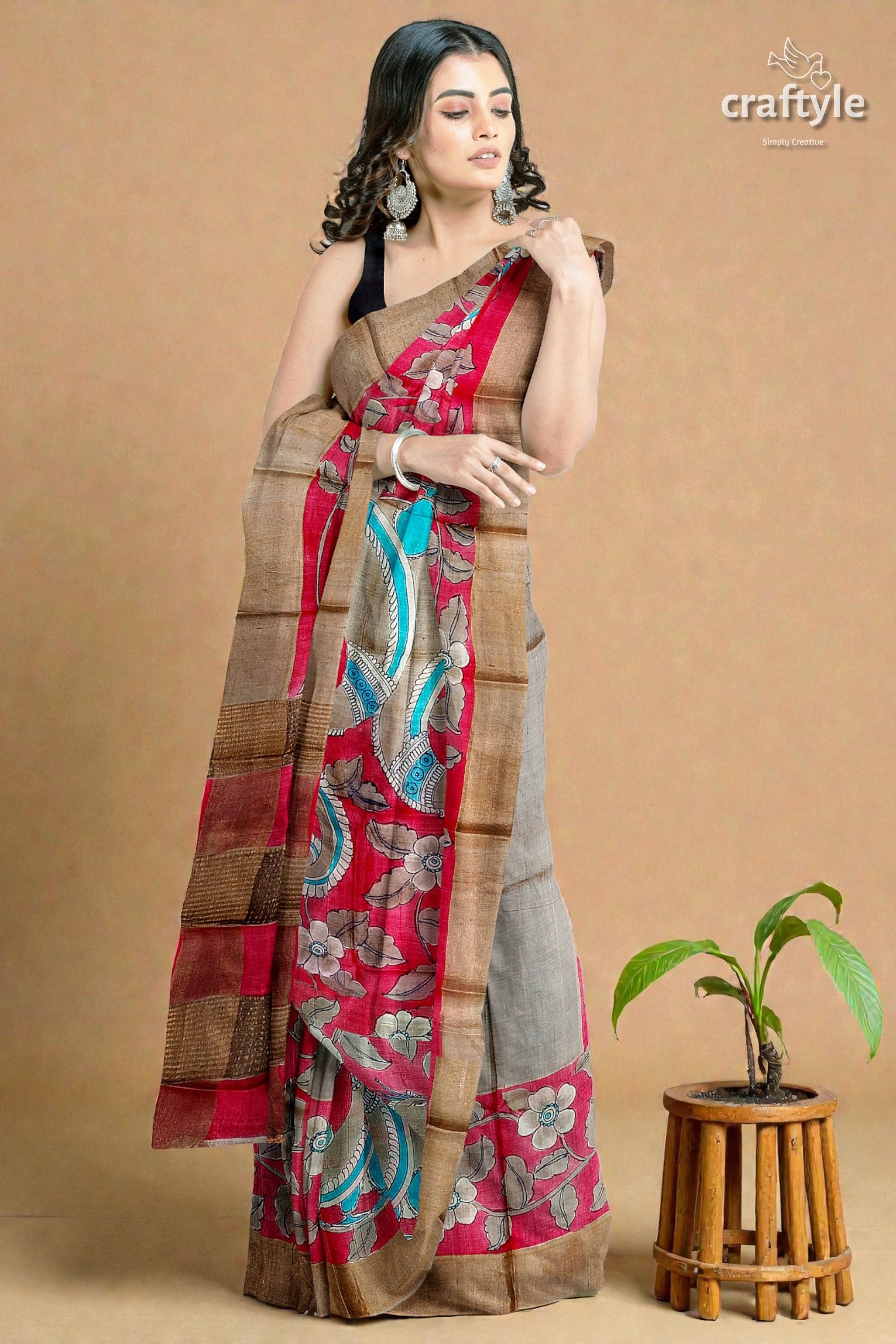 Apple Red Hand Painted Kalamkari Work Pure Tussar Silk Saree with Zari Border