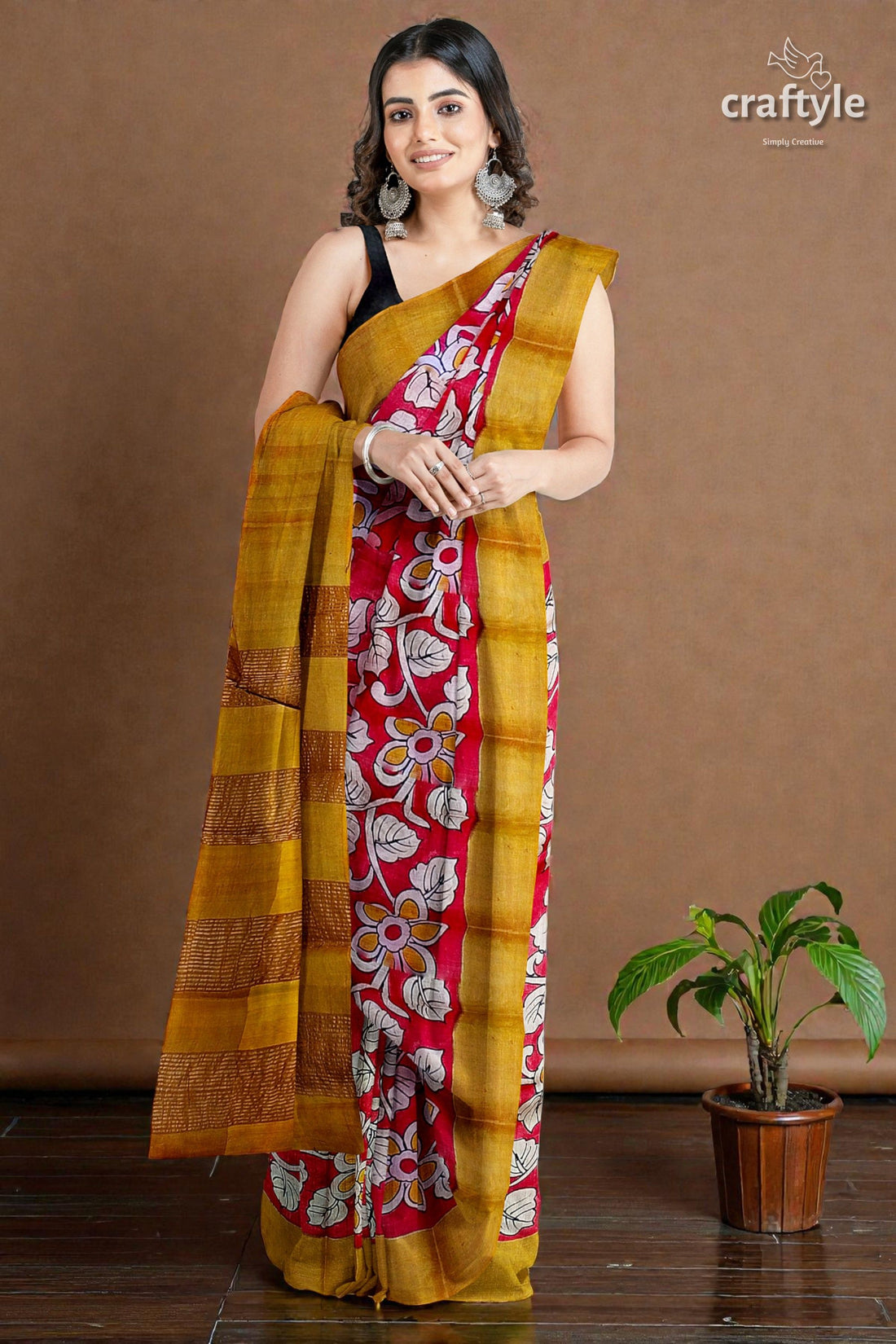 Red Hand Painted Zari Border Pure Tussar Kalamkari Sari - Ethnic Indian Design