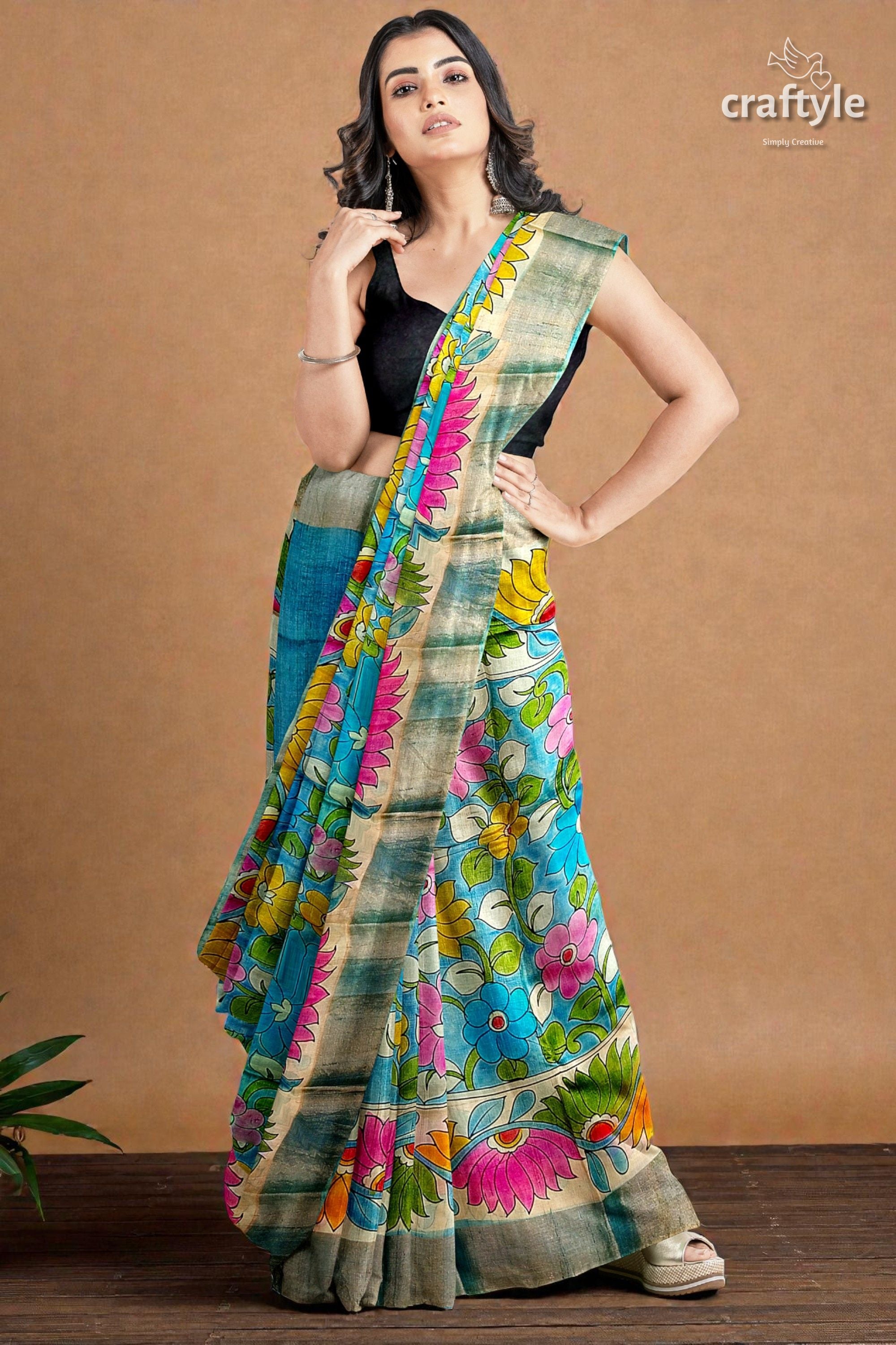 Hand-Painted Floral Motif Pure Tussar Kalamkari Sari with Zari Border