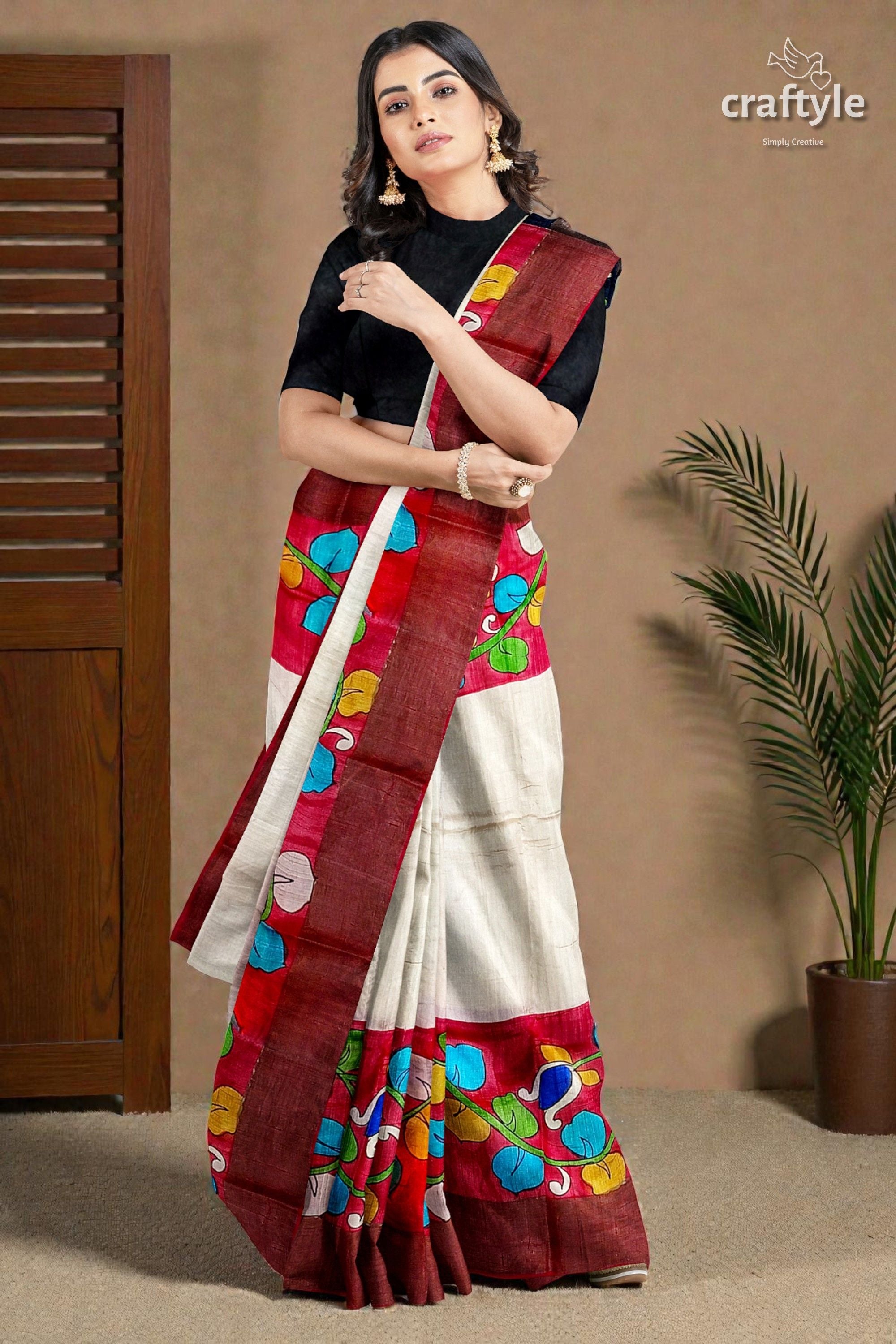 White and Red Pure Tussar Kalamkari Saree with Zari Border - Hand Painted