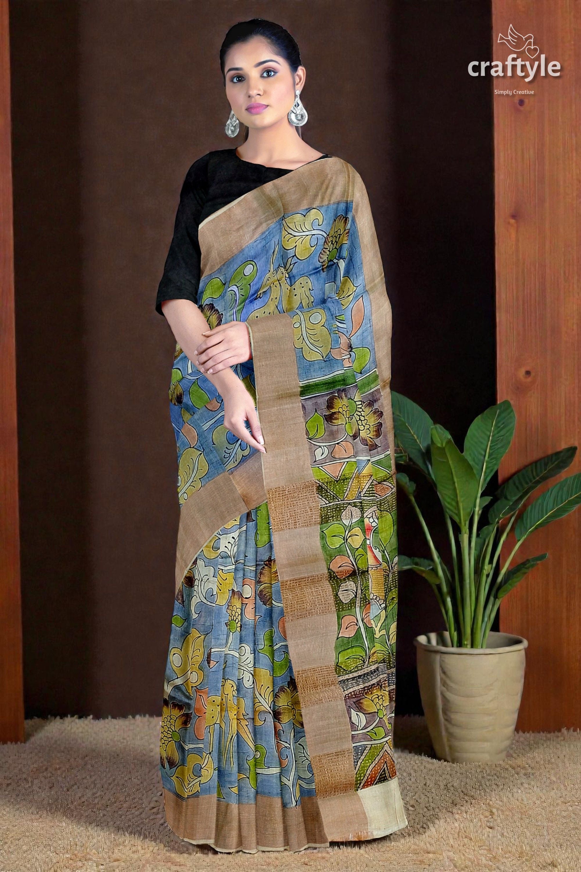 Sky Blue Tussar Kalamkari Saree with Zari Border - Hand Painted Pure Tussar Fabric