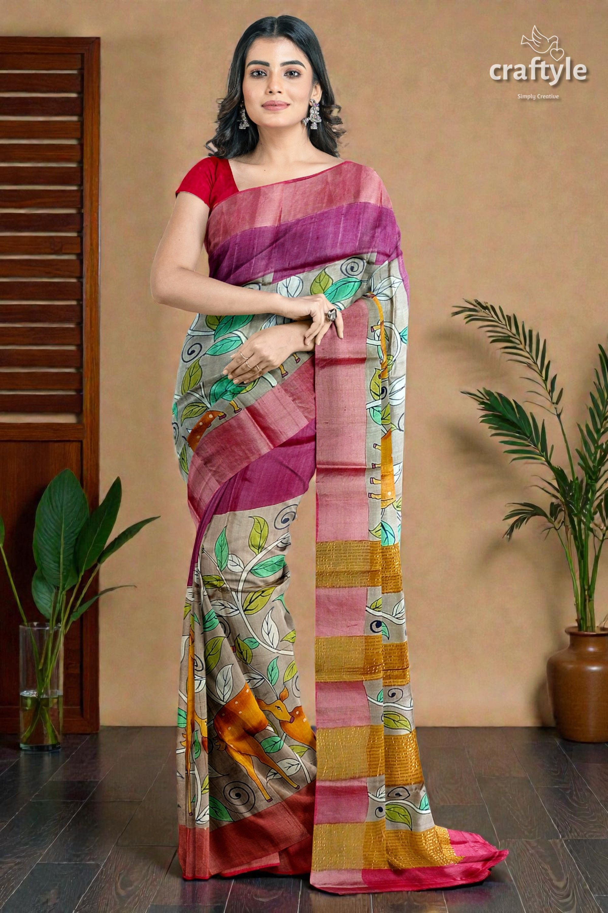 Tan Color Authentic Hand Painted Kalamkari Zari Border Pure Tussar Silk Saree