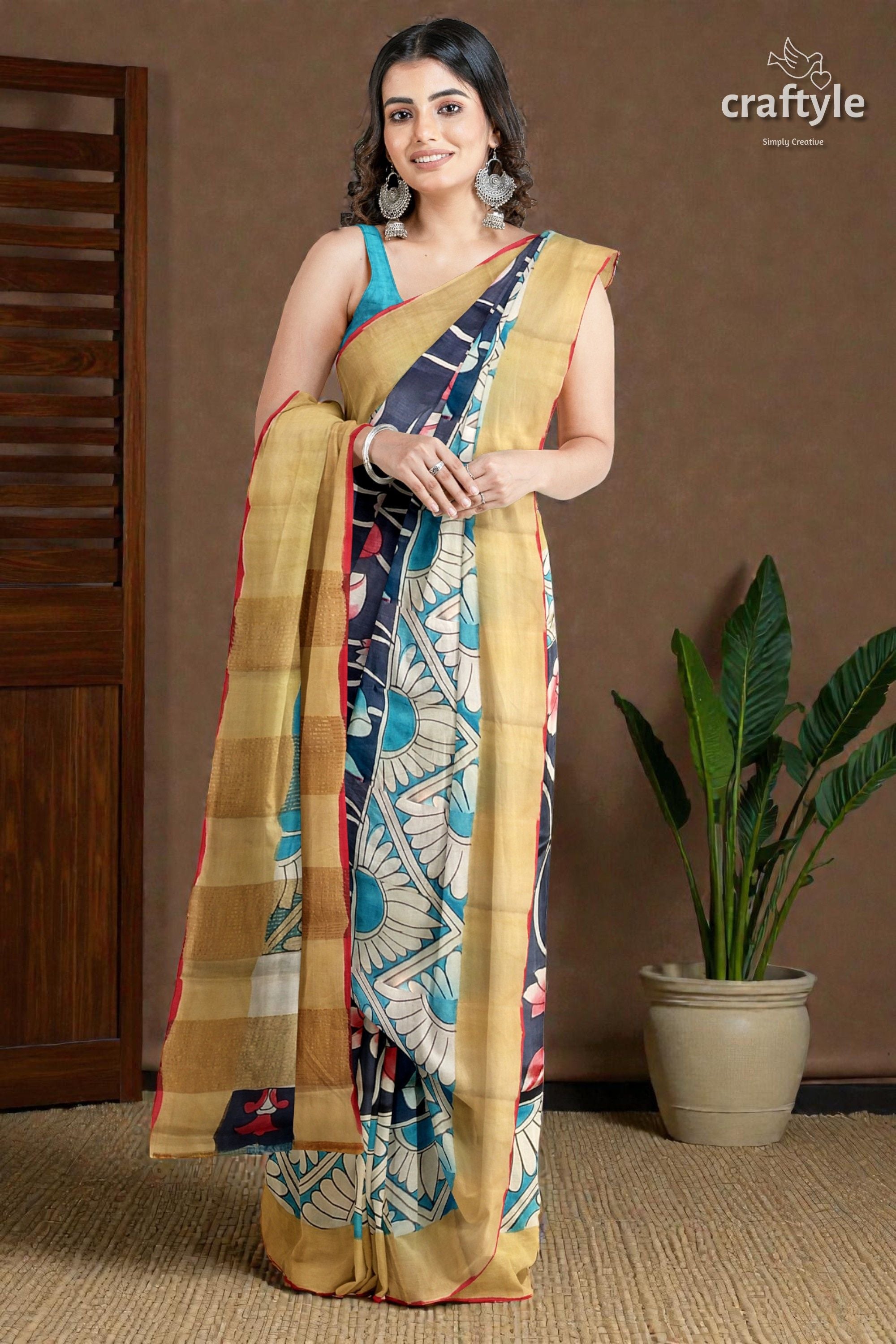 Lotus Motif Hand Painted Kalamkari Saree - Zari Border Pure Tussar Saree