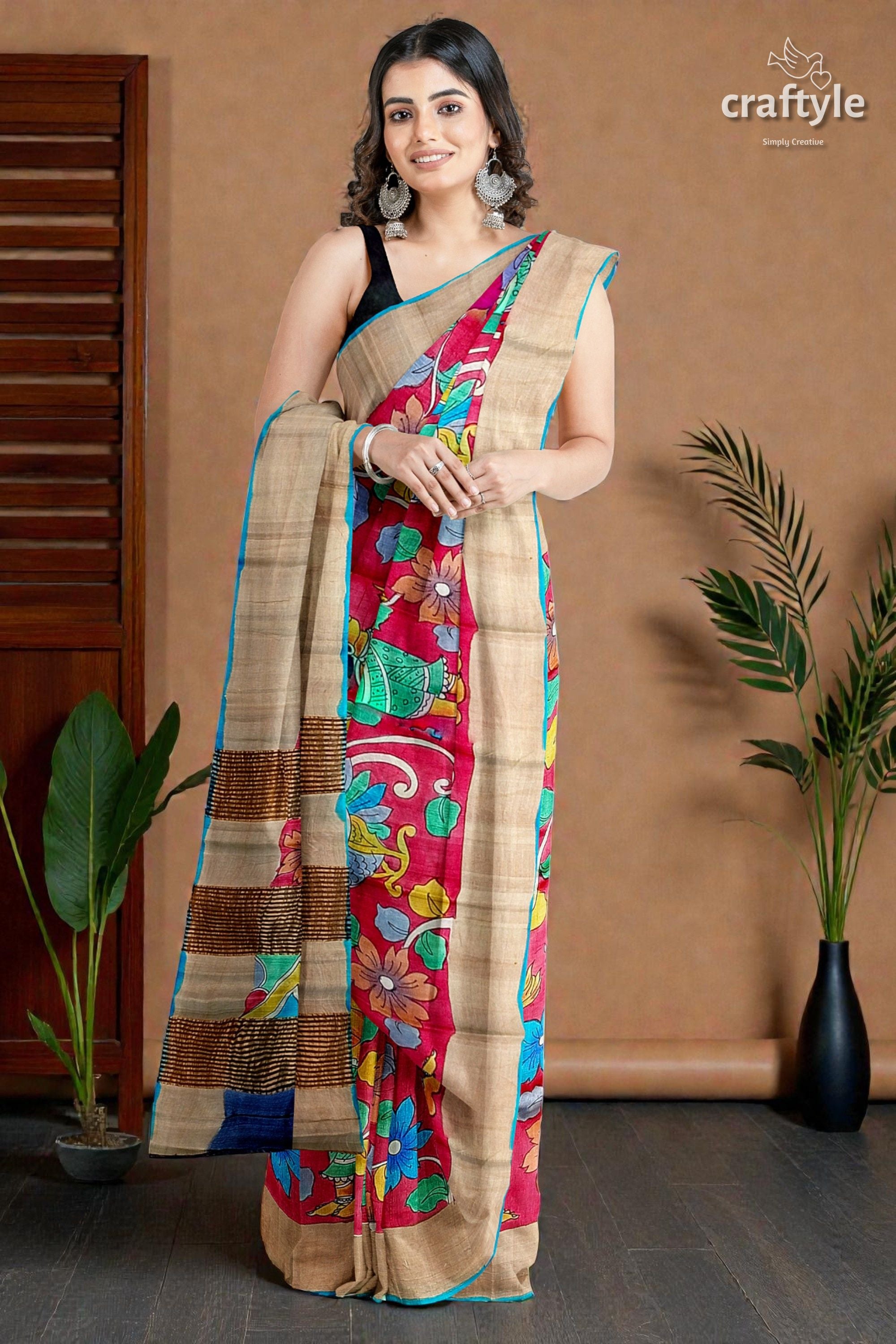 Hand-Painted Pure Tussar Silk Saree - Red Kalamkari Design with Zari Border