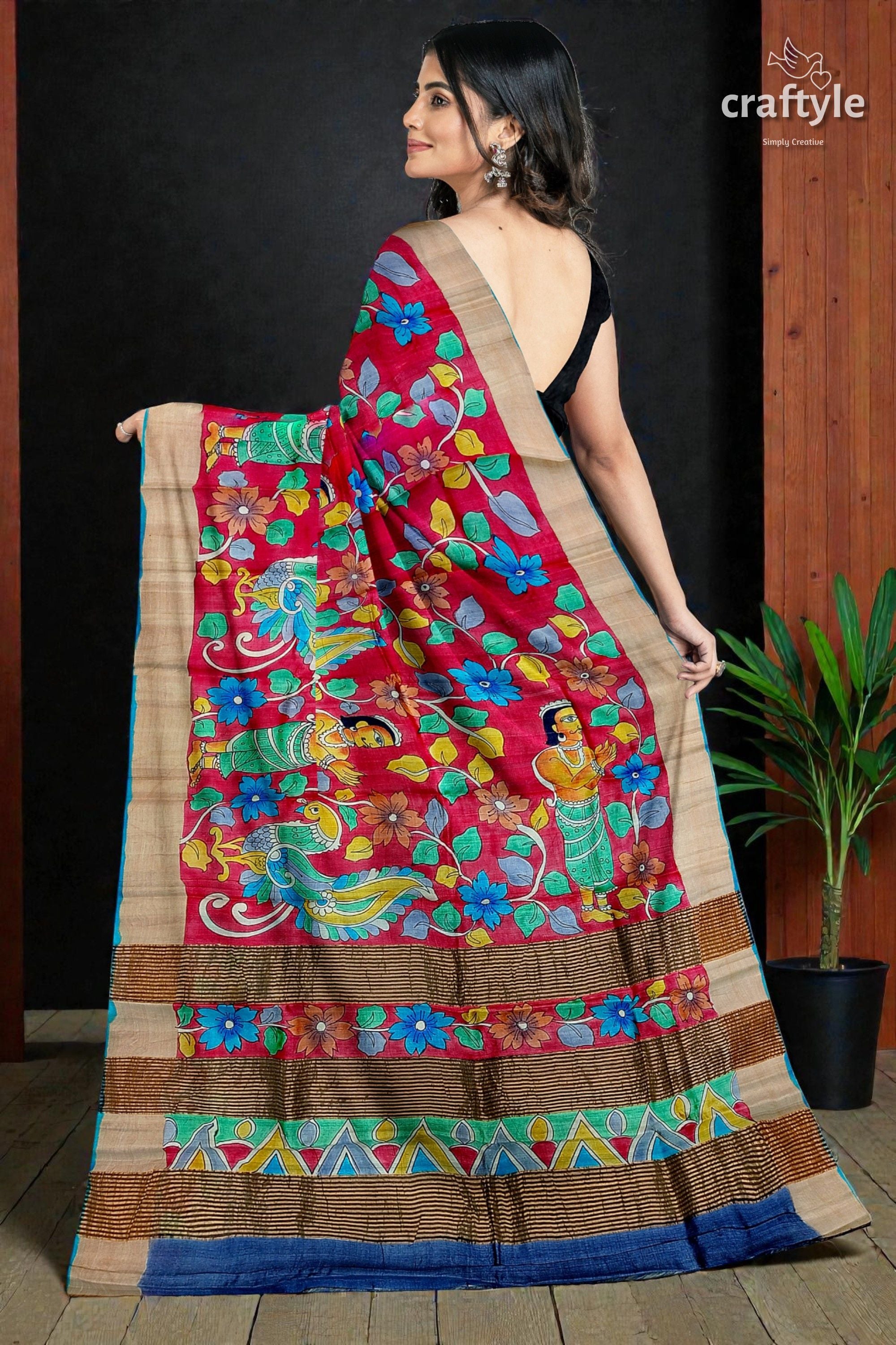 Hand-Painted Pure Tussar Silk Saree - Red Kalamkari Design with Zari Border